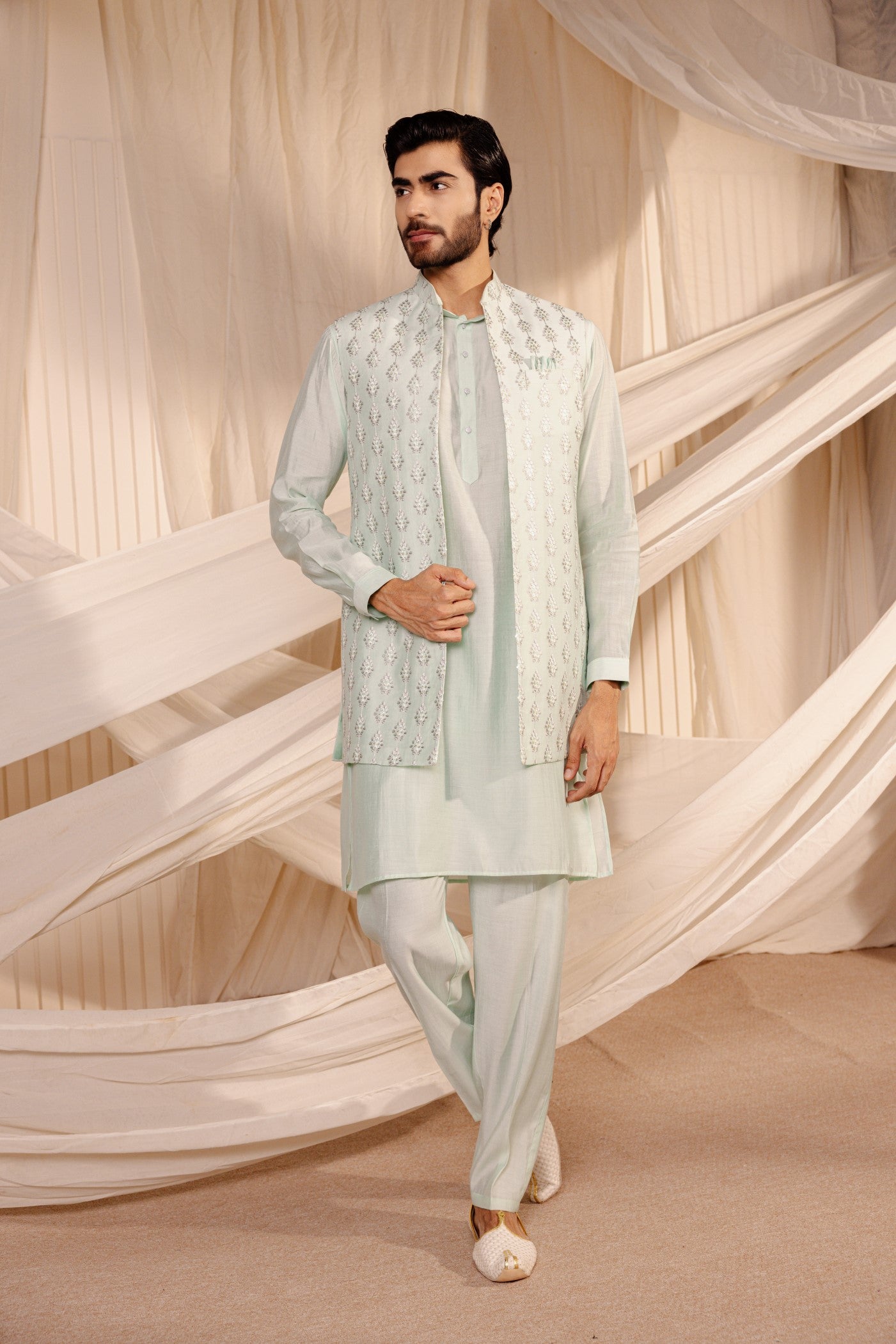 Sky Blue Long Jodhpuri Jacket Kurta