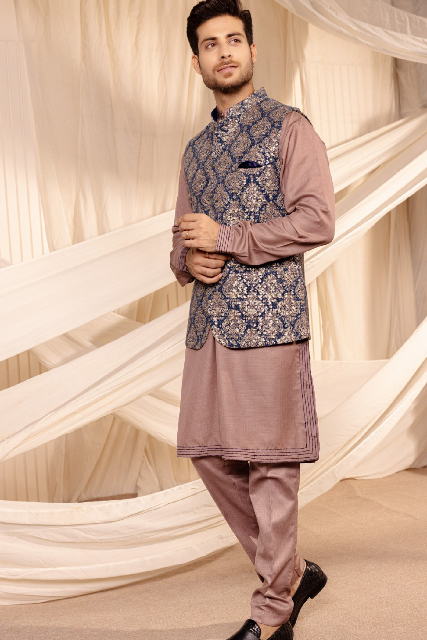 Embroidery Jodhpuri Navy Jacket Kurta