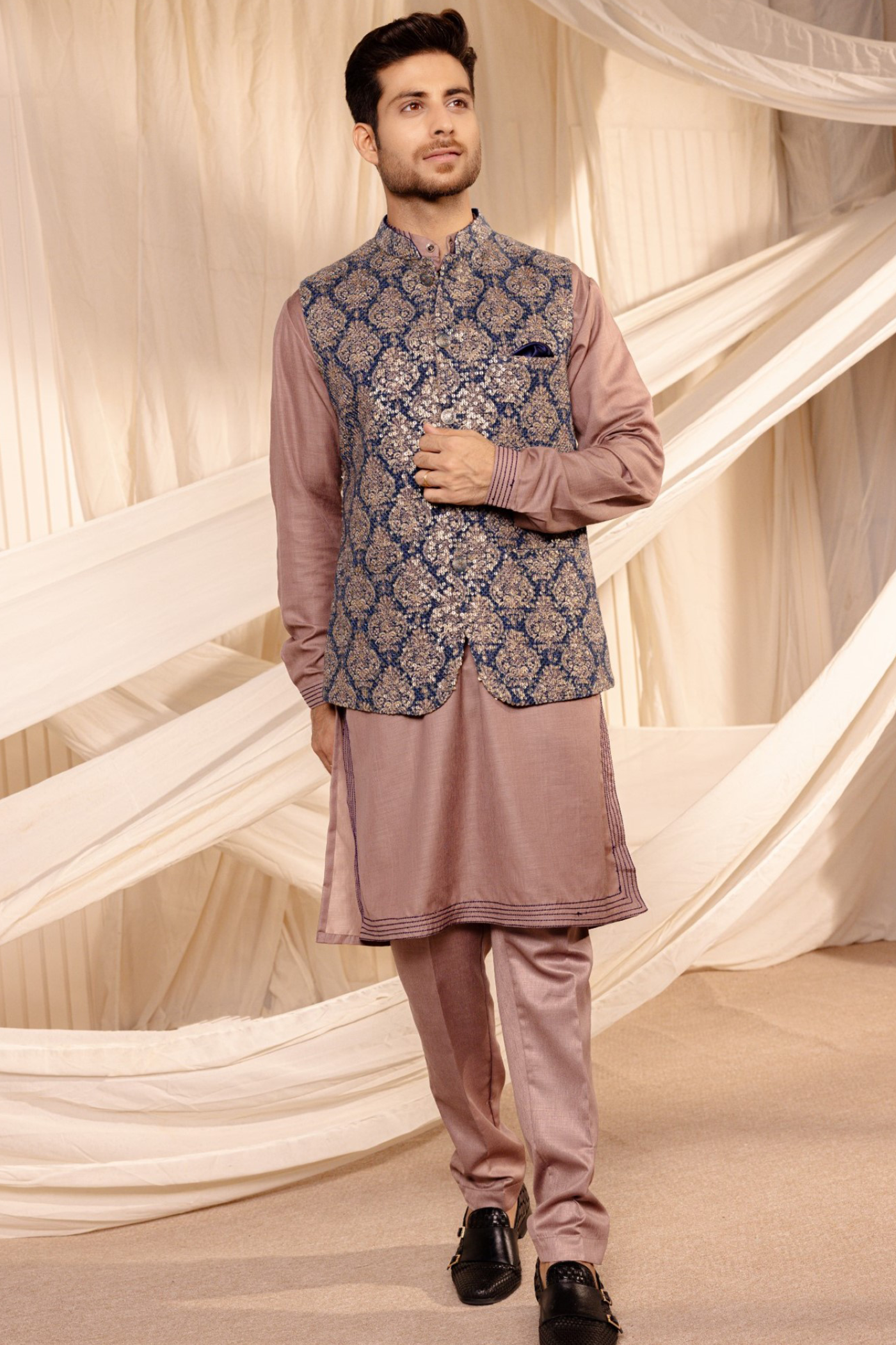 Embroidery Jodhpuri Navy Jacket Kurta