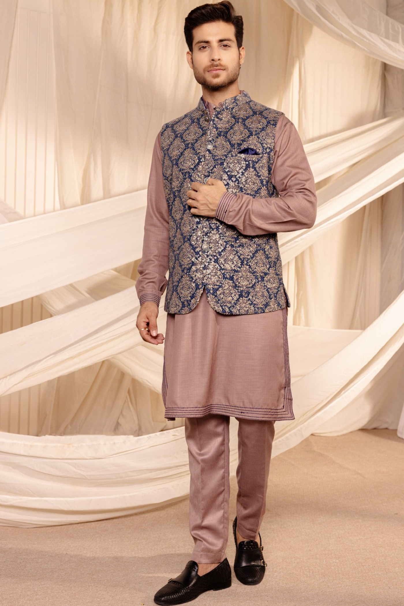 Embroidery Jodhpuri Navy Jacket Kurta