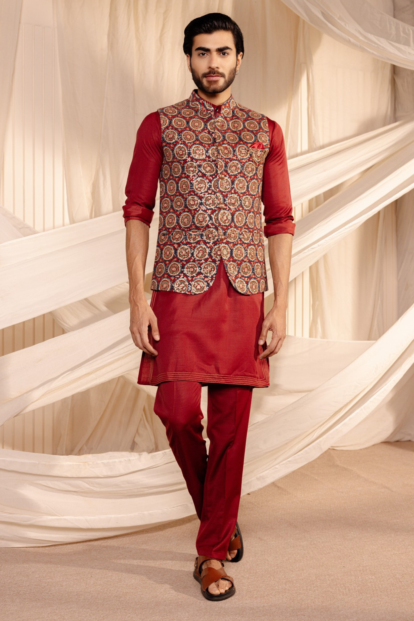 Mehroon Colour Embroidery Jodhpuri Jacket Kurta