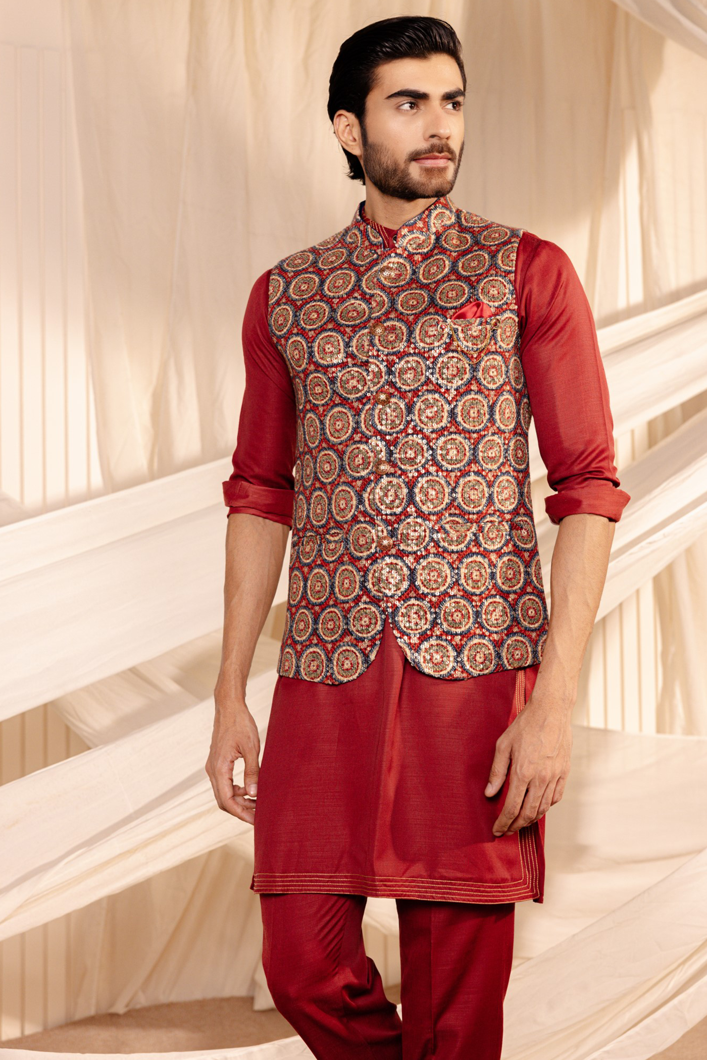 Mehroon Colour Embroidery Jodhpuri Jacket Kurta
