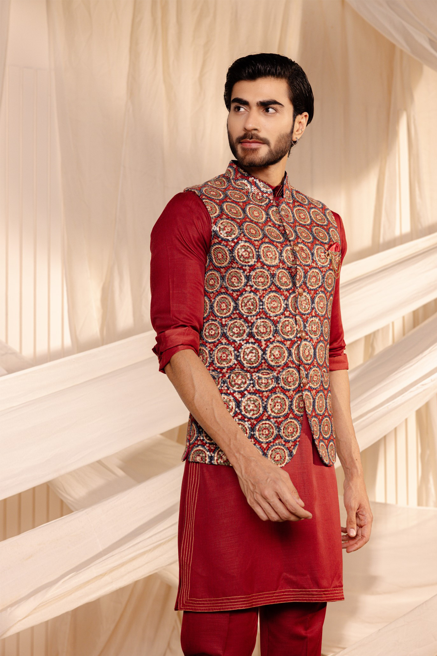 Mehroon Colour Embroidery Jodhpuri Jacket Kurta