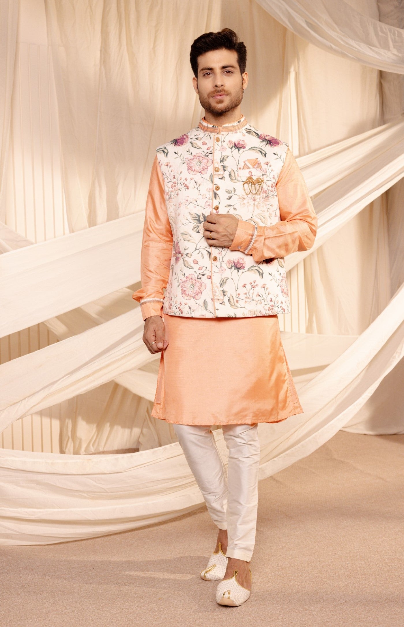 White Green Floral Print Jodhpuri Jacket Kurta