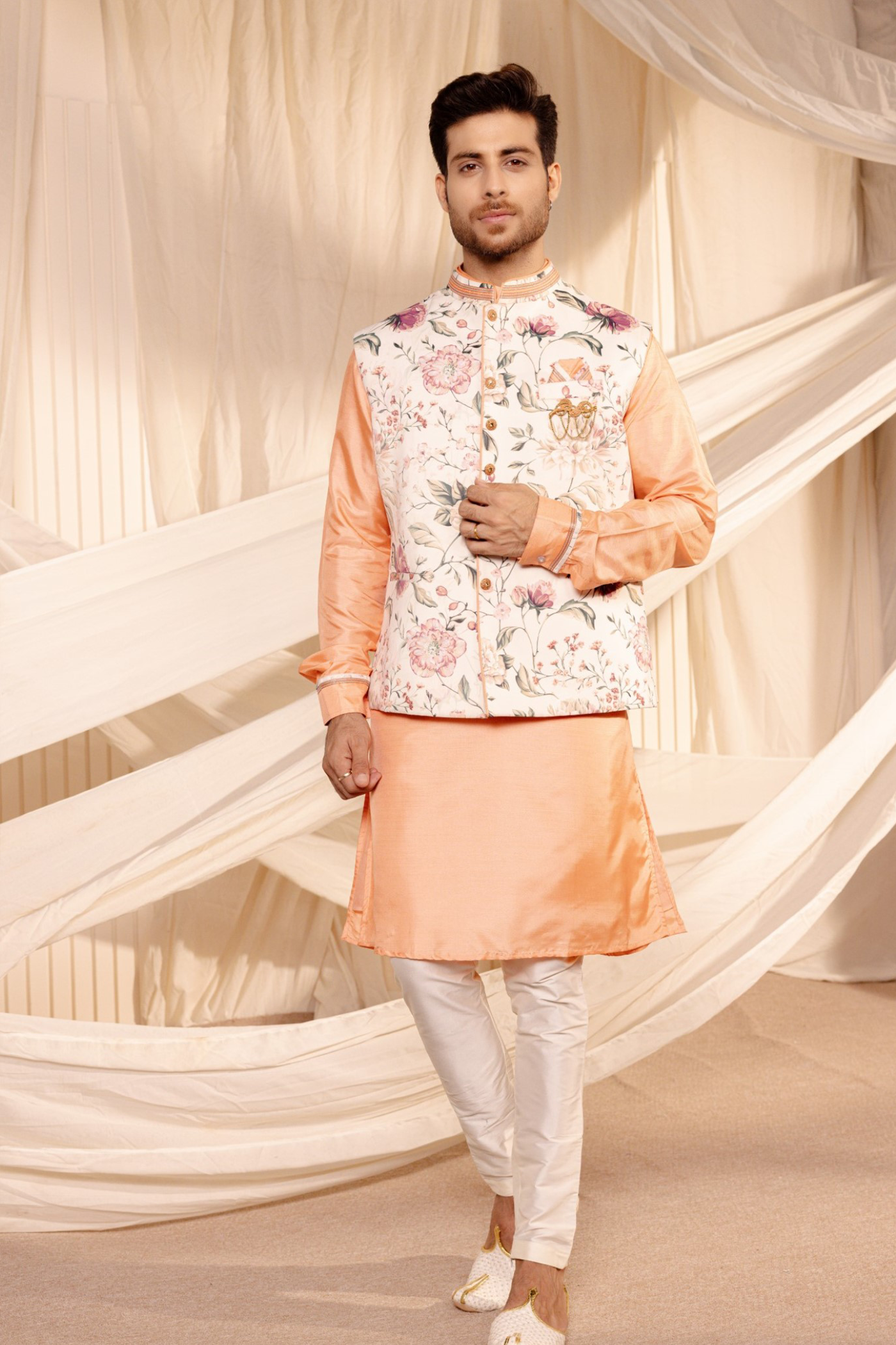 White Green Floral Print Jodhpuri Jacket Kurta