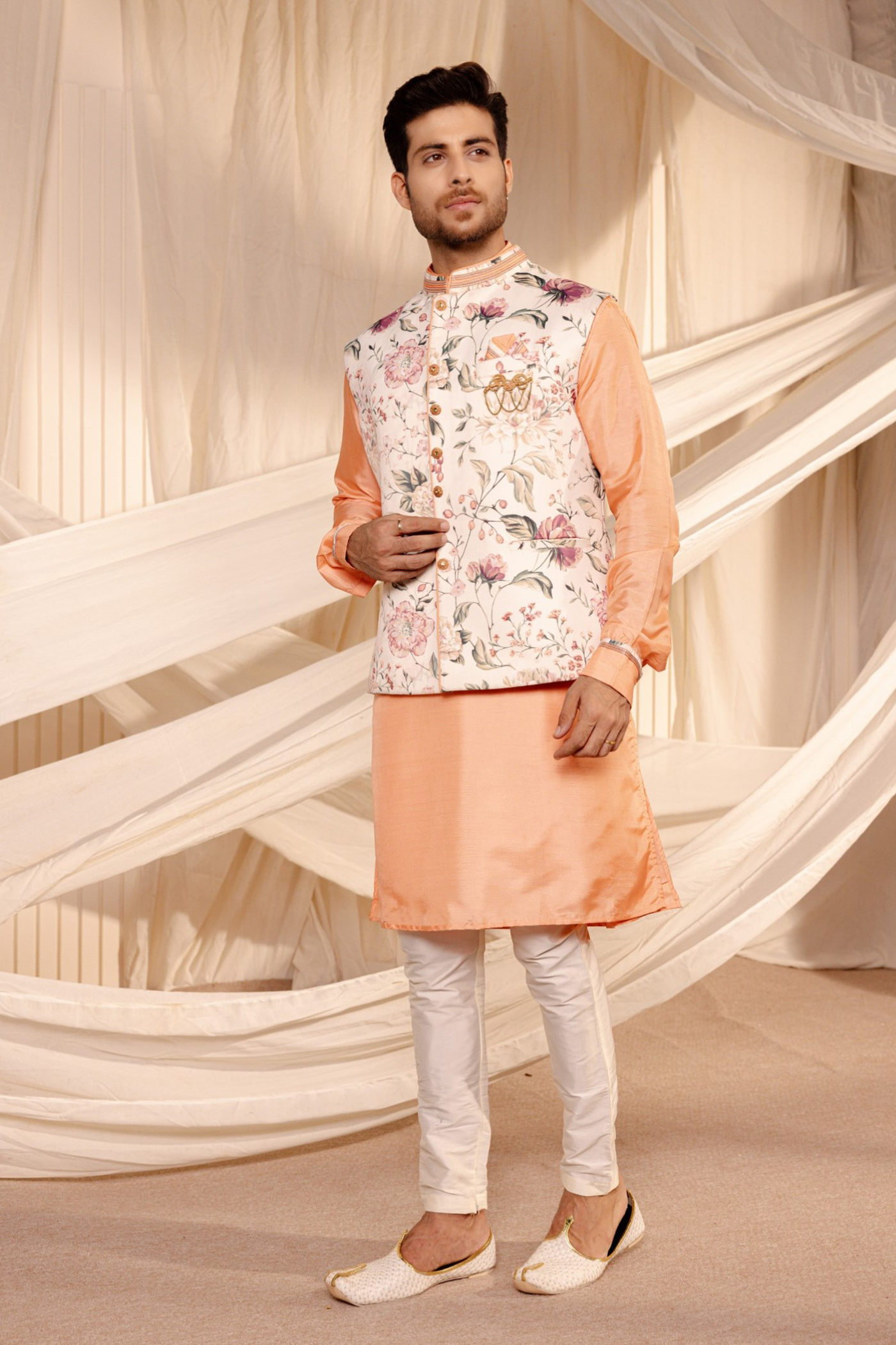 White Green Floral Print Jodhpuri Jacket Kurta