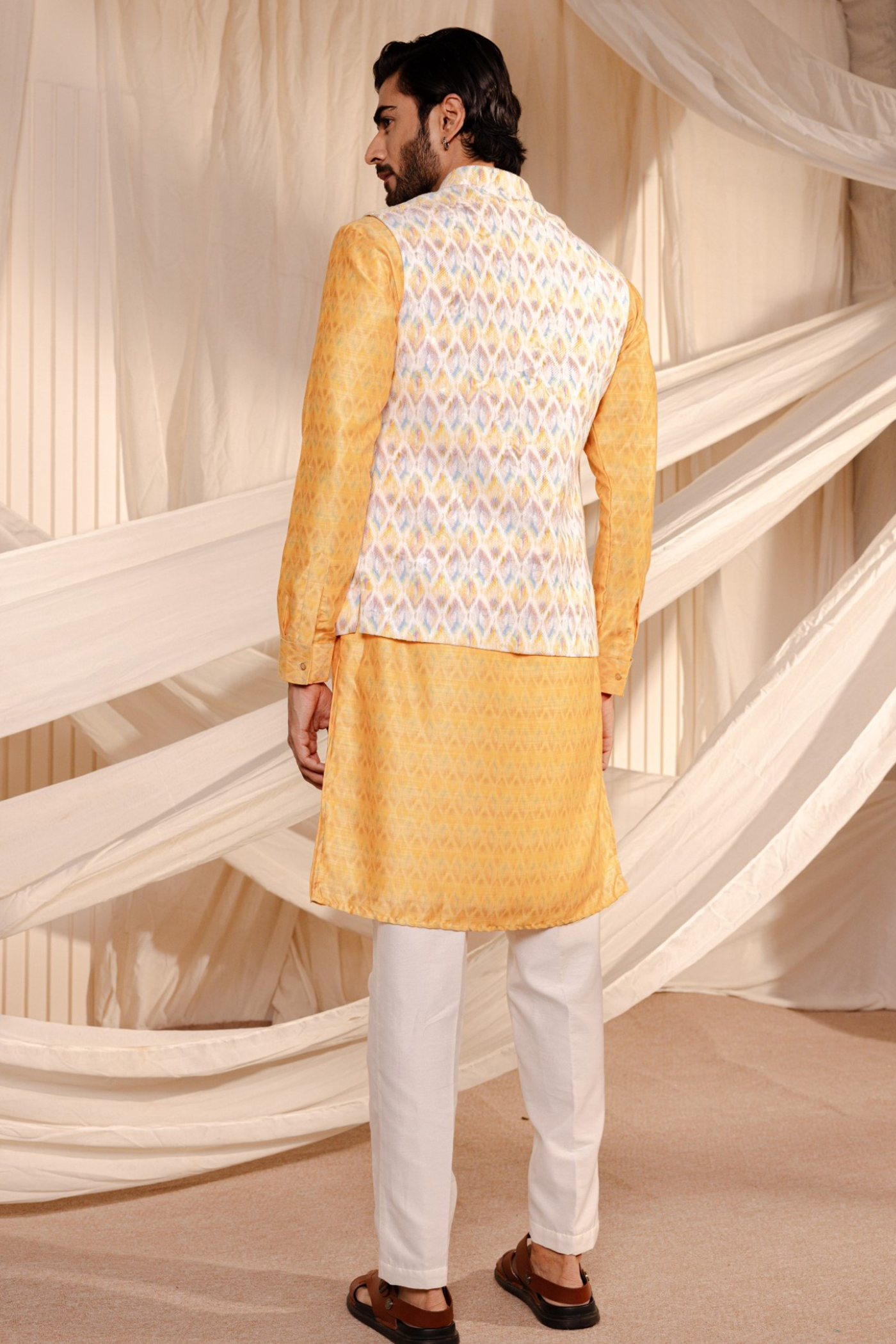 Yellow Jacket Kurta With Jodhpuri Print