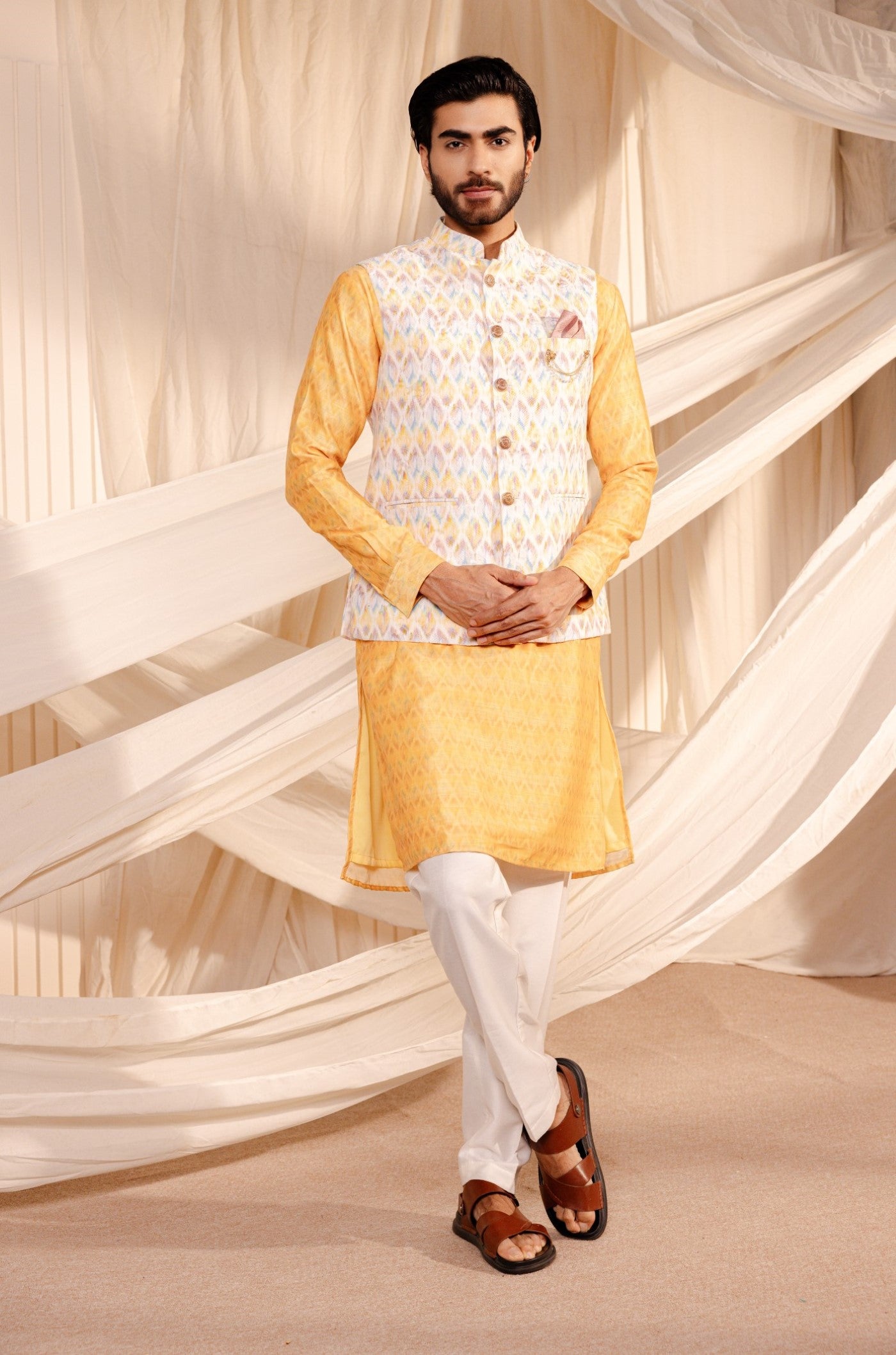 Yellow Jacket Kurta With Jodhpuri Print - Main Image