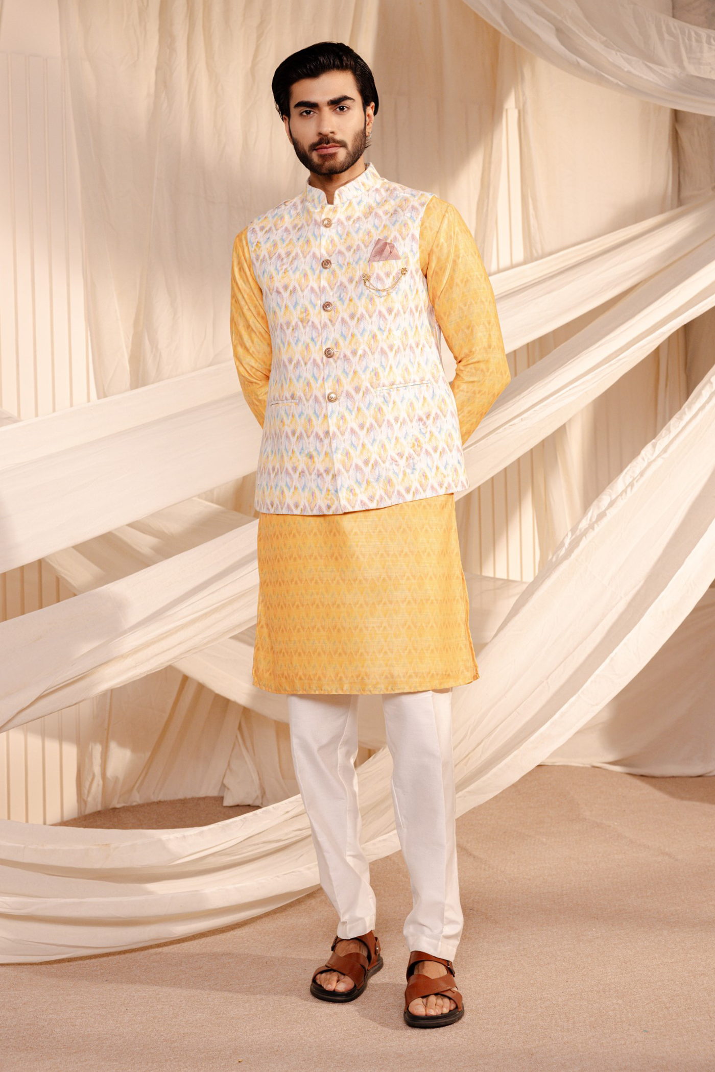 Yellow Jacket Kurta With Jodhpuri Print