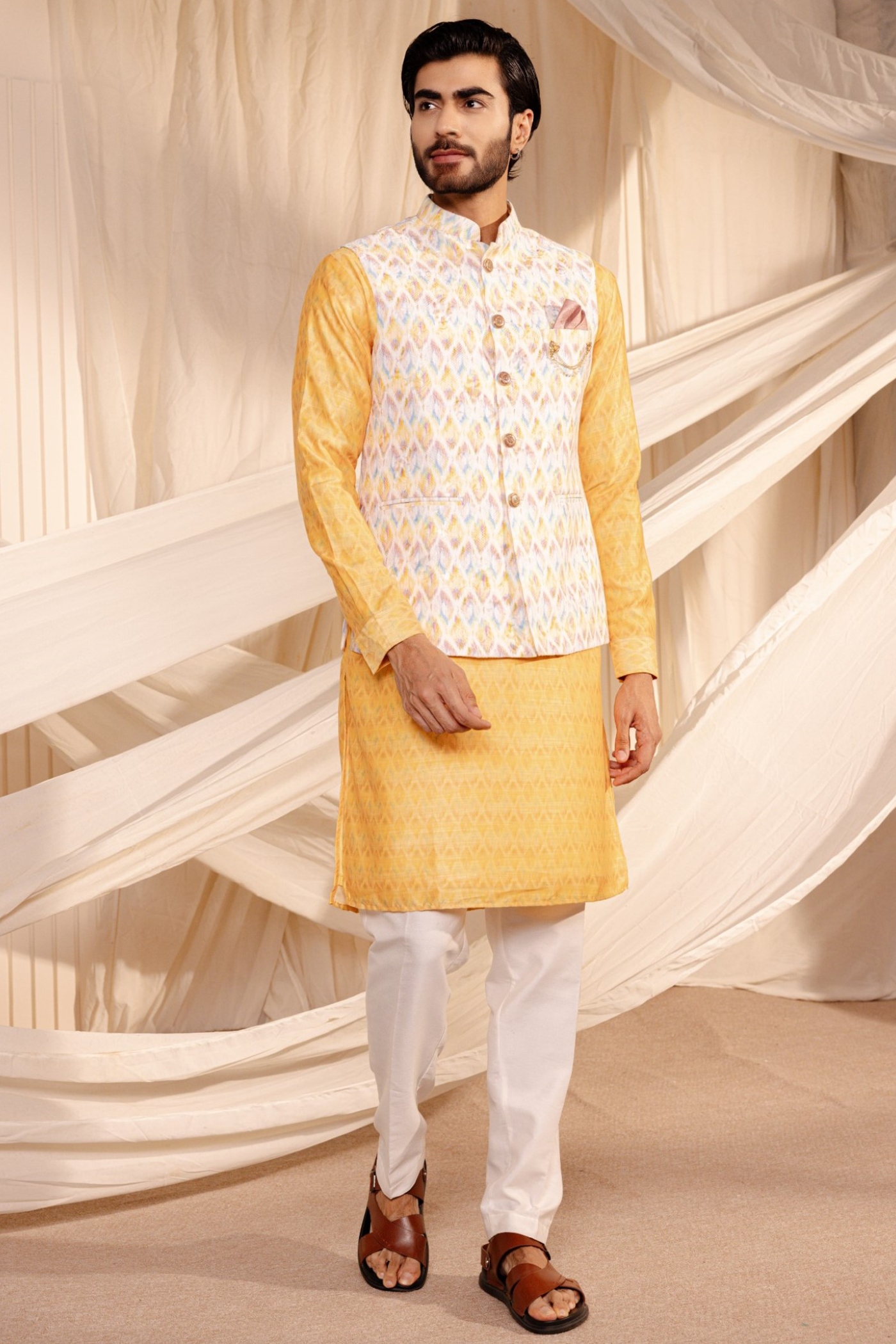 Yellow Jacket Kurta With Jodhpuri Print