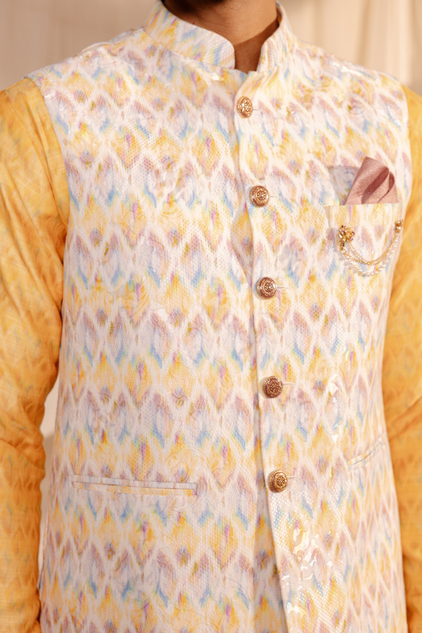 Yellow Jacket Kurta With Jodhpuri Print