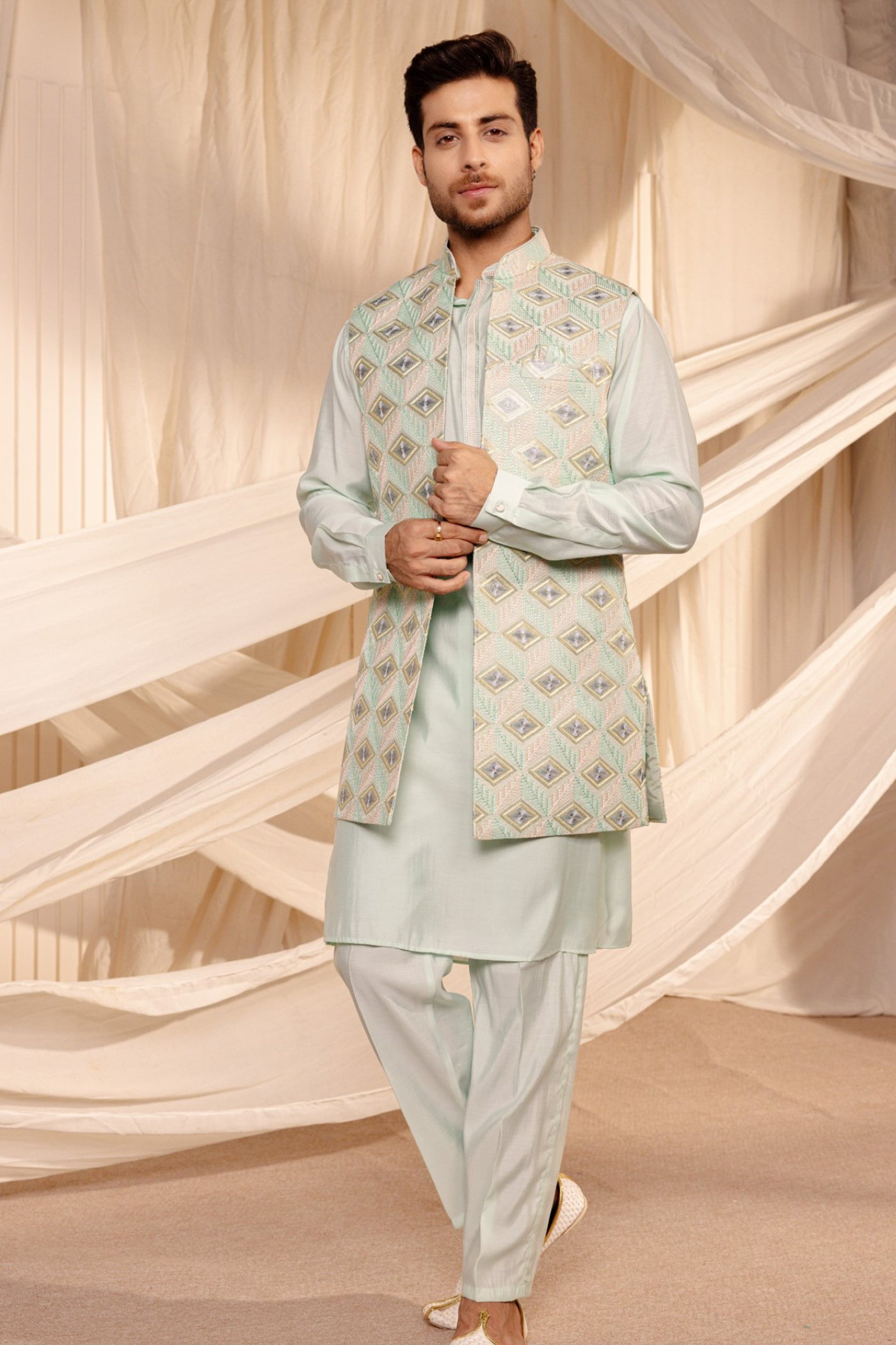 S Green Long Sleeve Jodhpuri Jacket Kurta