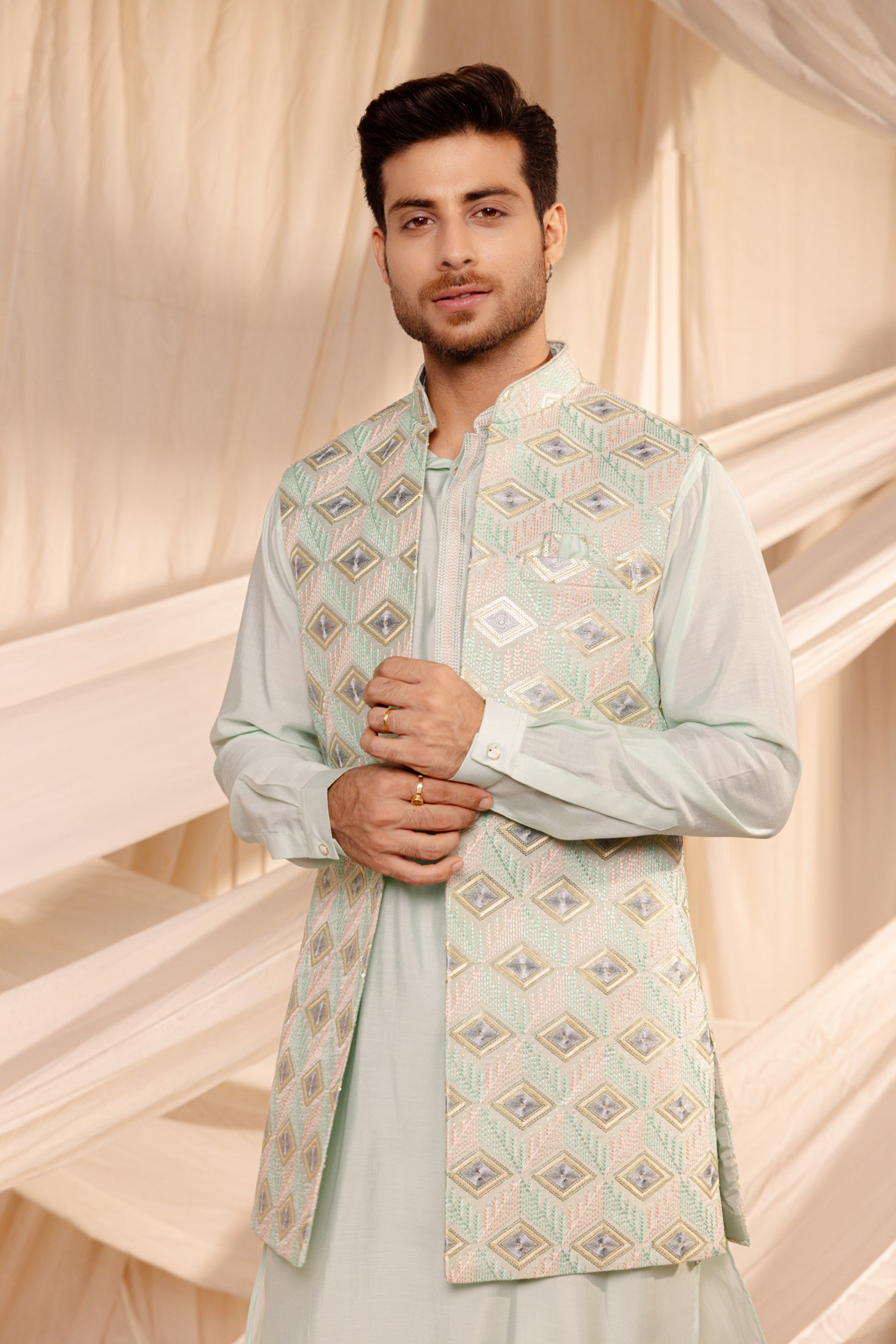 S Green Long Sleeve Jodhpuri Jacket Kurta