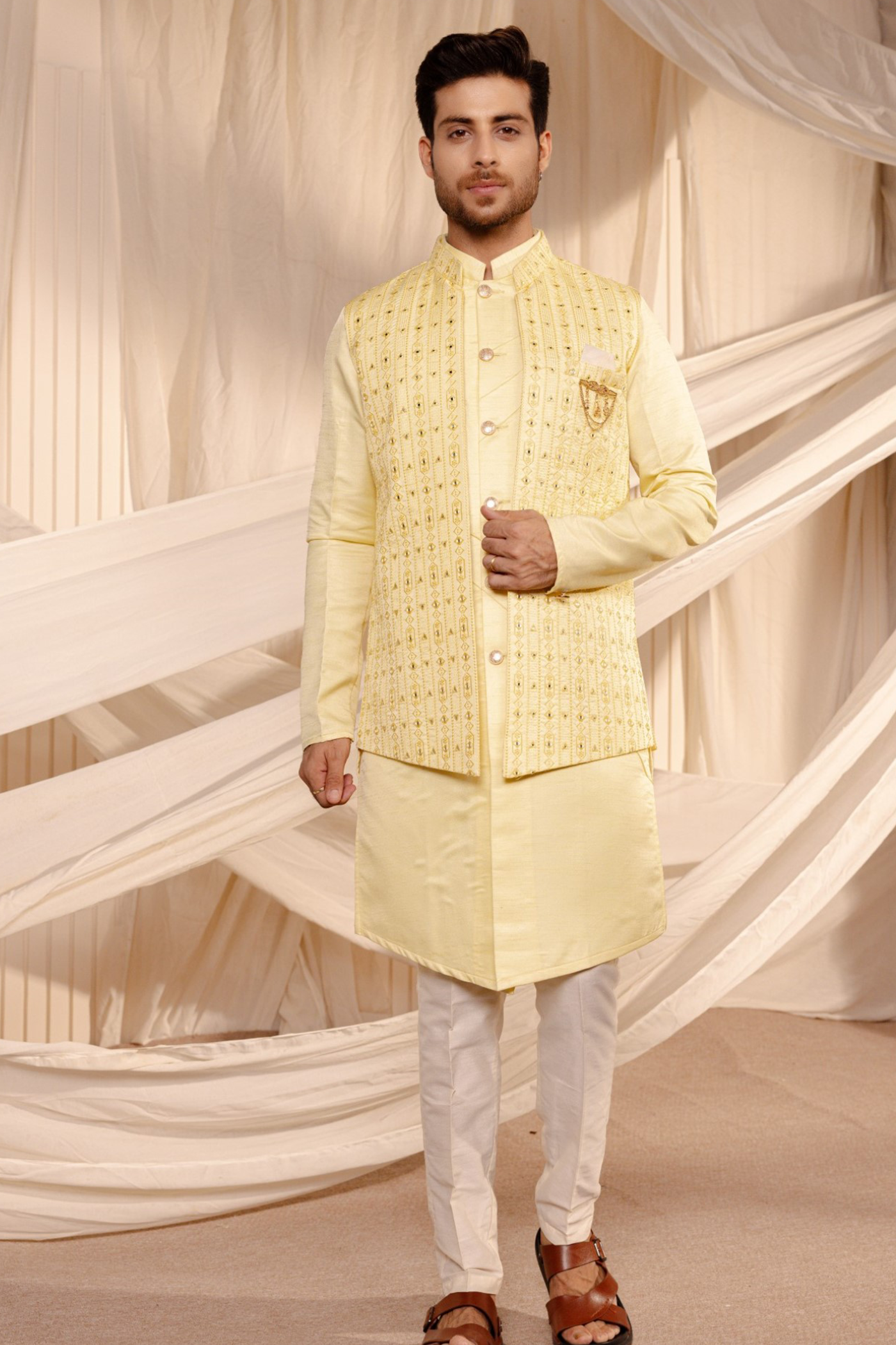 Embroidery Jodhpuri Yellow Colour Jacket Kurta