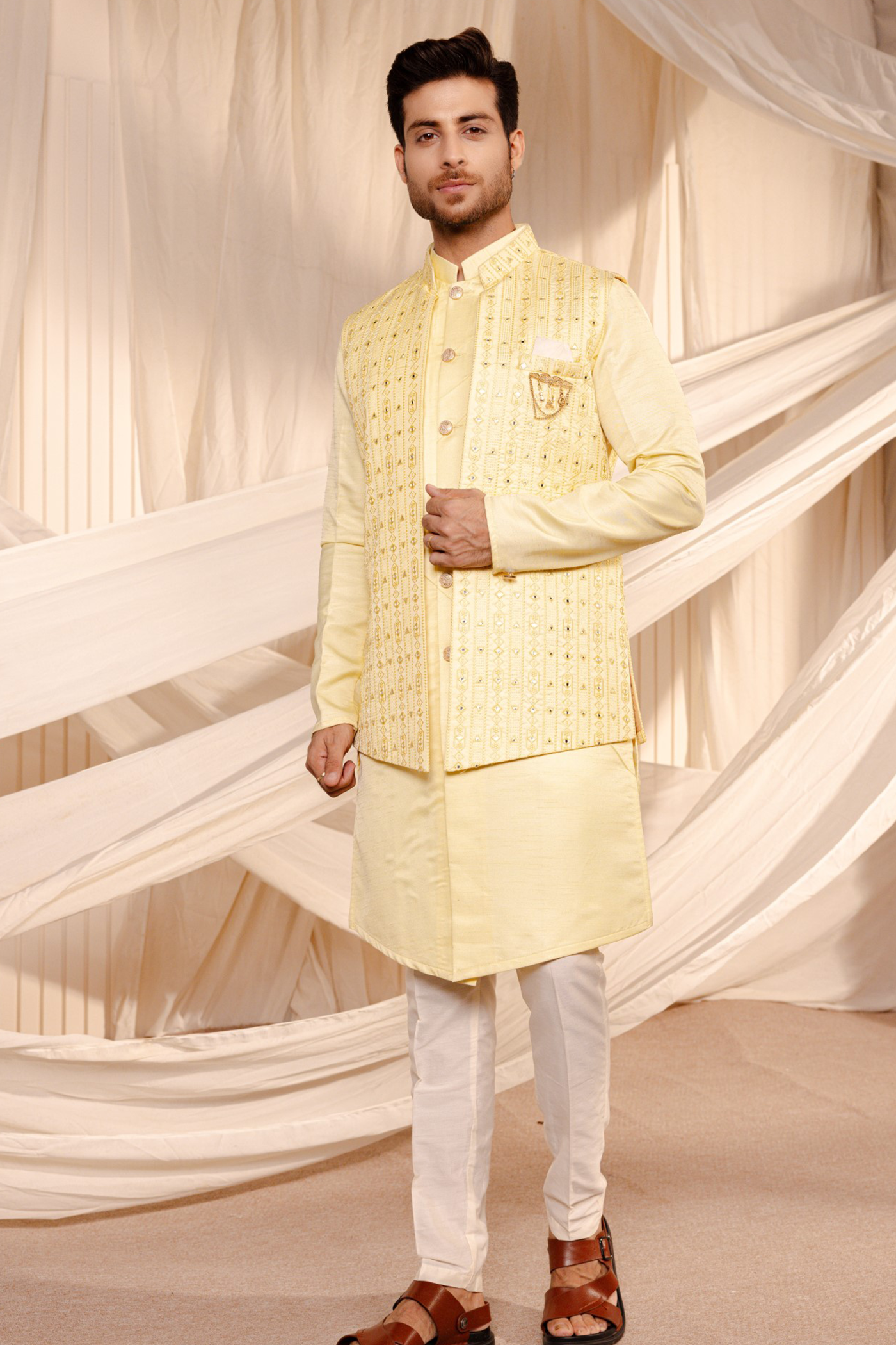 Embroidery Jodhpuri Yellow Colour Jacket Kurta