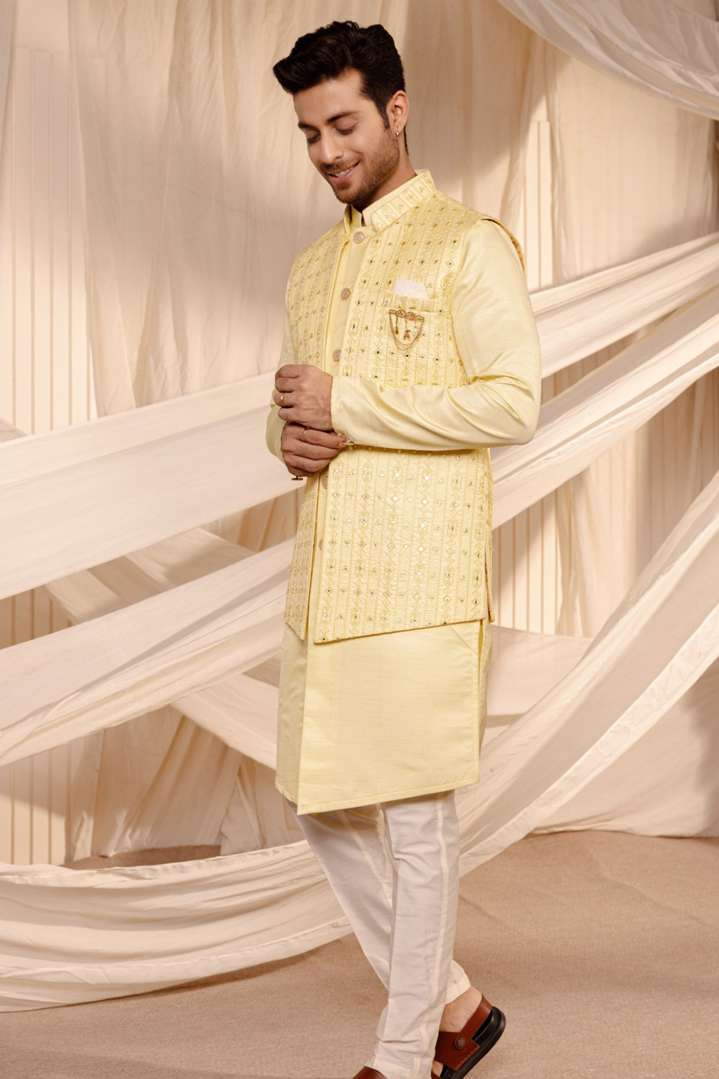 Embroidery Jodhpuri Yellow Colour Jacket Kurta