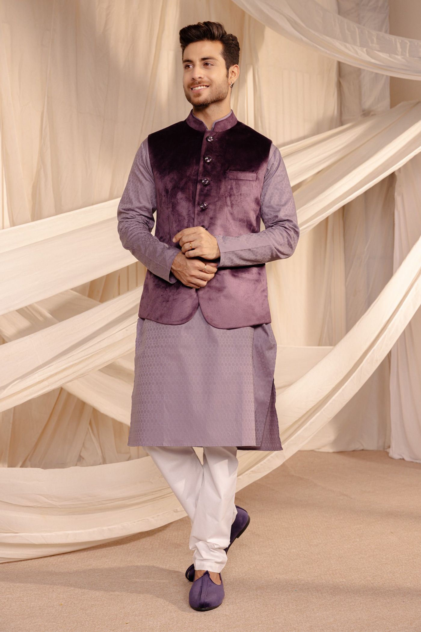 Purple Color Velvet Waist Coat For Men