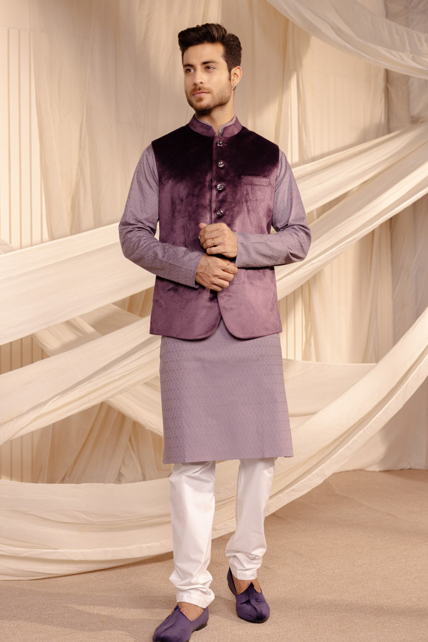 Purple Color Velvet Waist Coat For Men