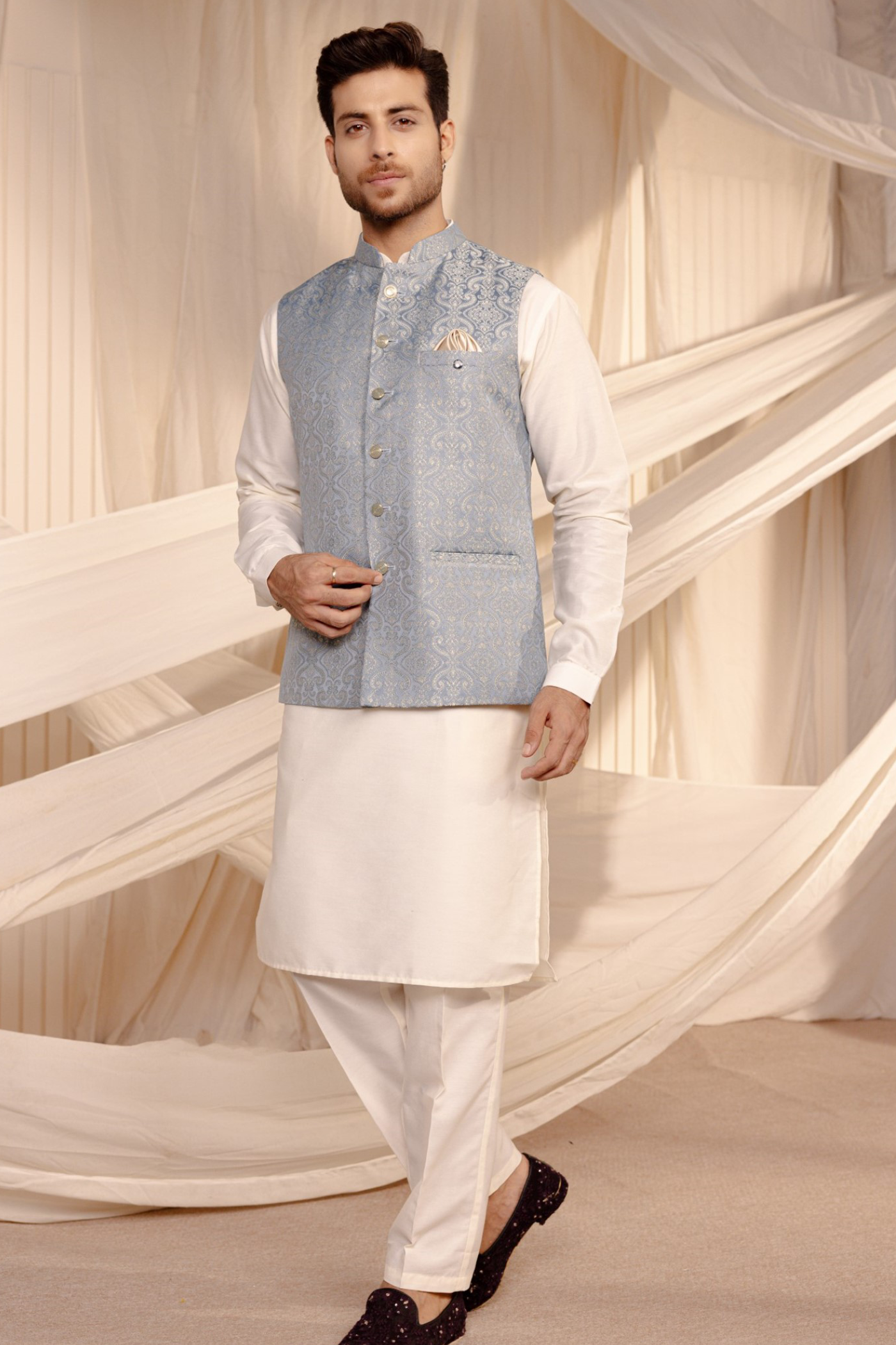 C Green Jacquard Jodhpuri Waist Coat - Main Image