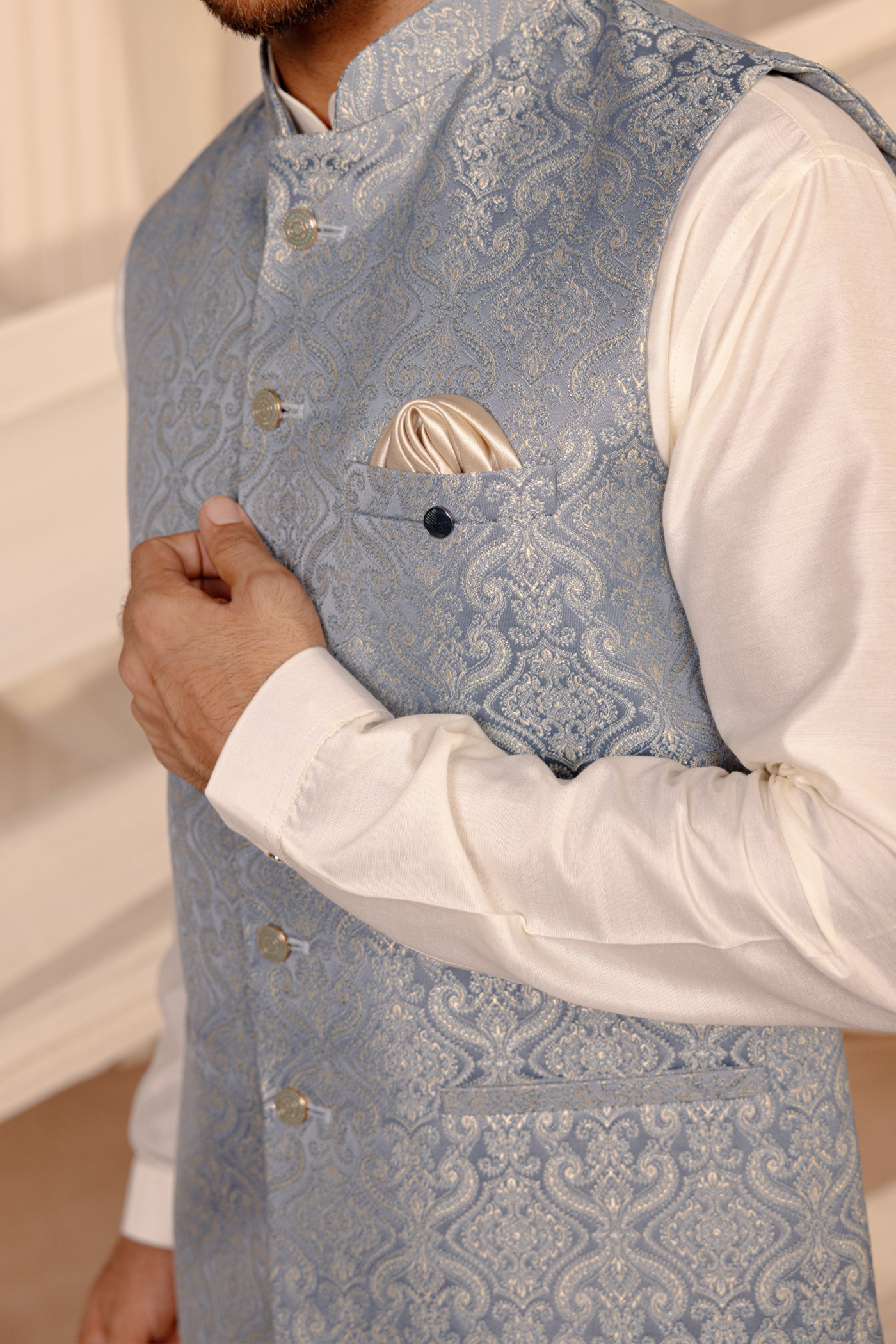 C Green Jacquard Jodhpuri Waist Coat