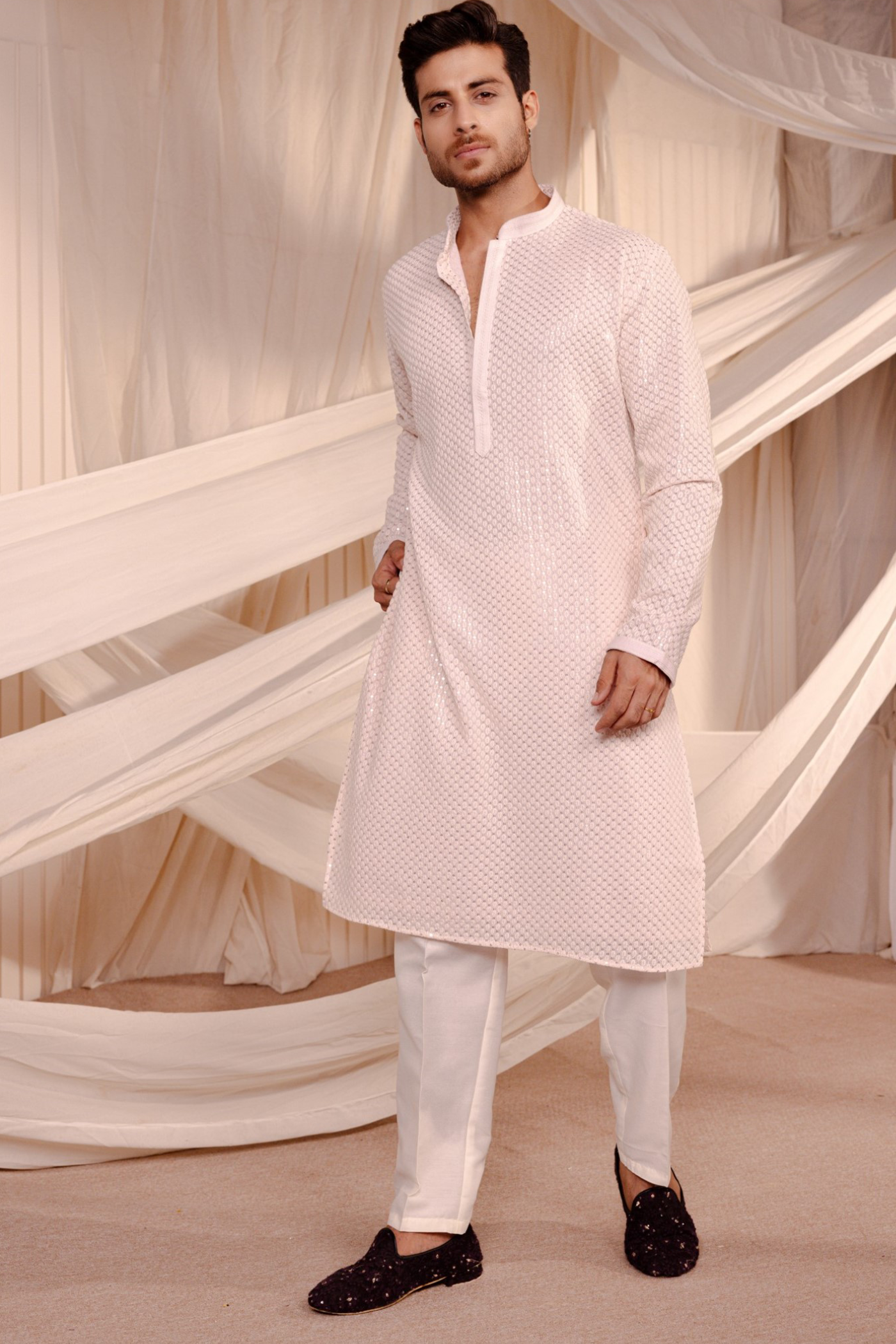 Peach Color Embroidery Kurta Pajama For Man