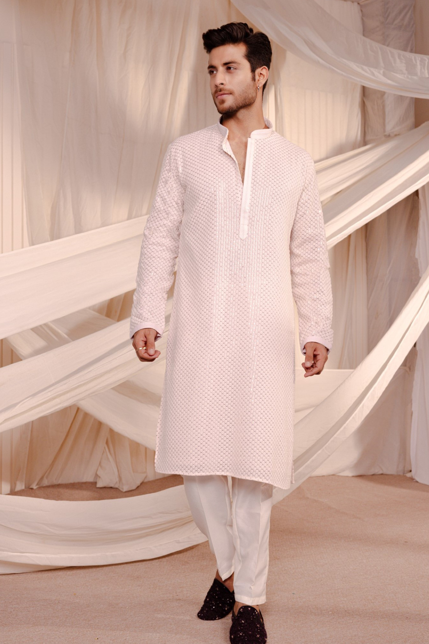 Peach Color Embroidery Kurta Pajama For Man