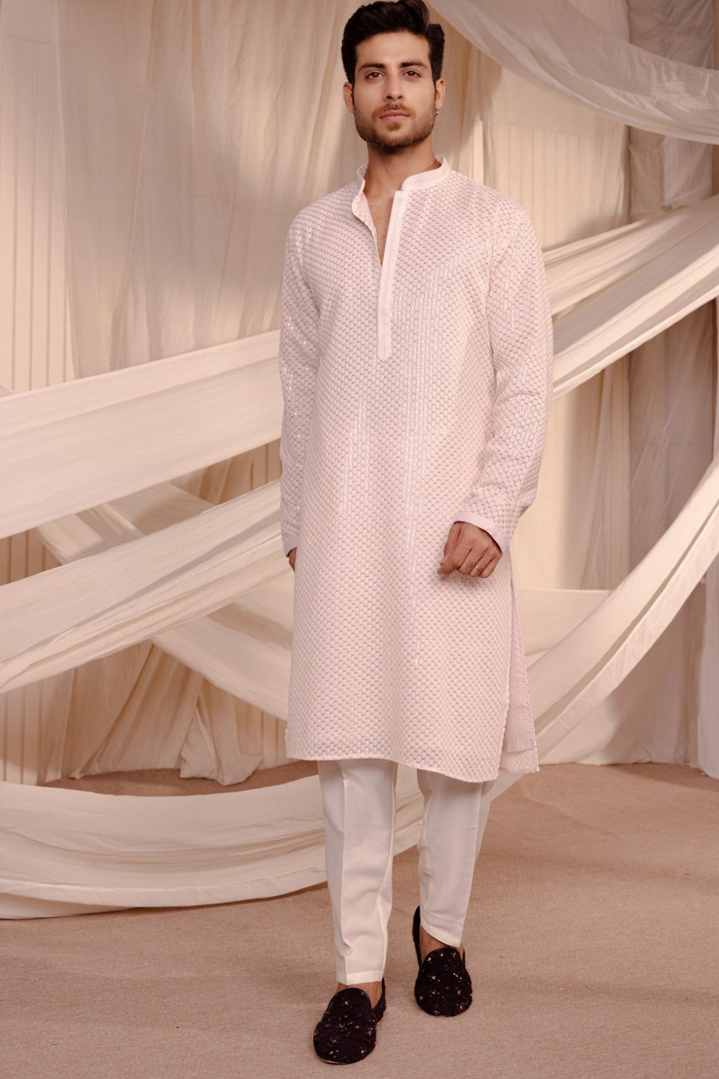Peach Color Embroidery Kurta Pajama For Man