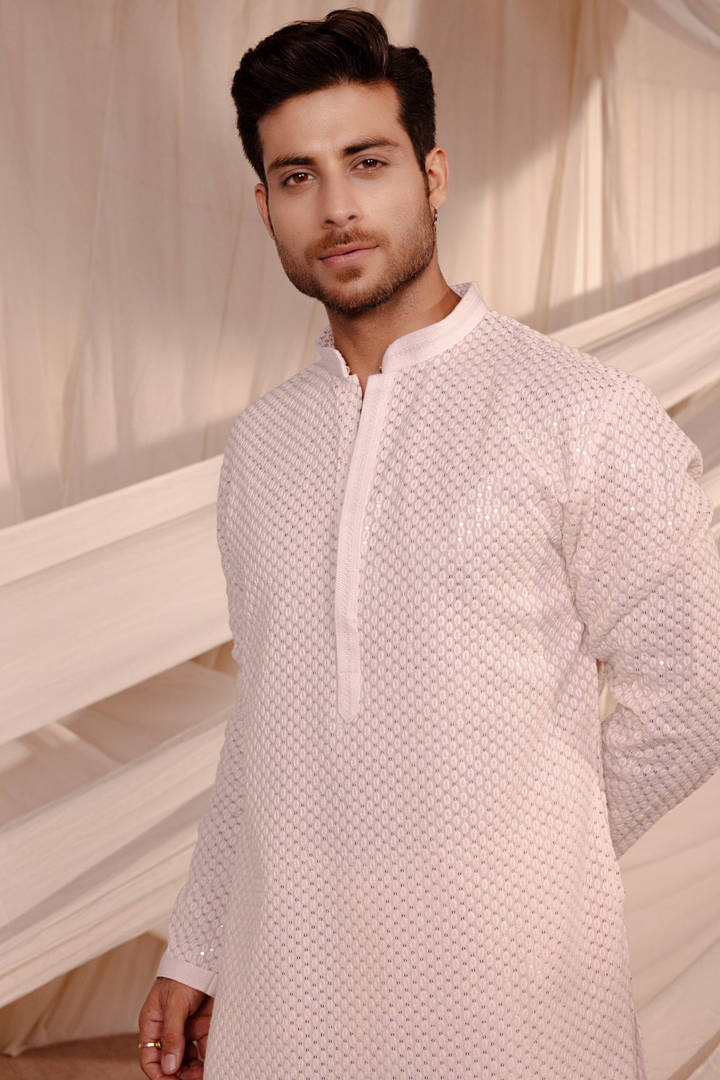 Peach Color Embroidery Kurta Pajama For Man
