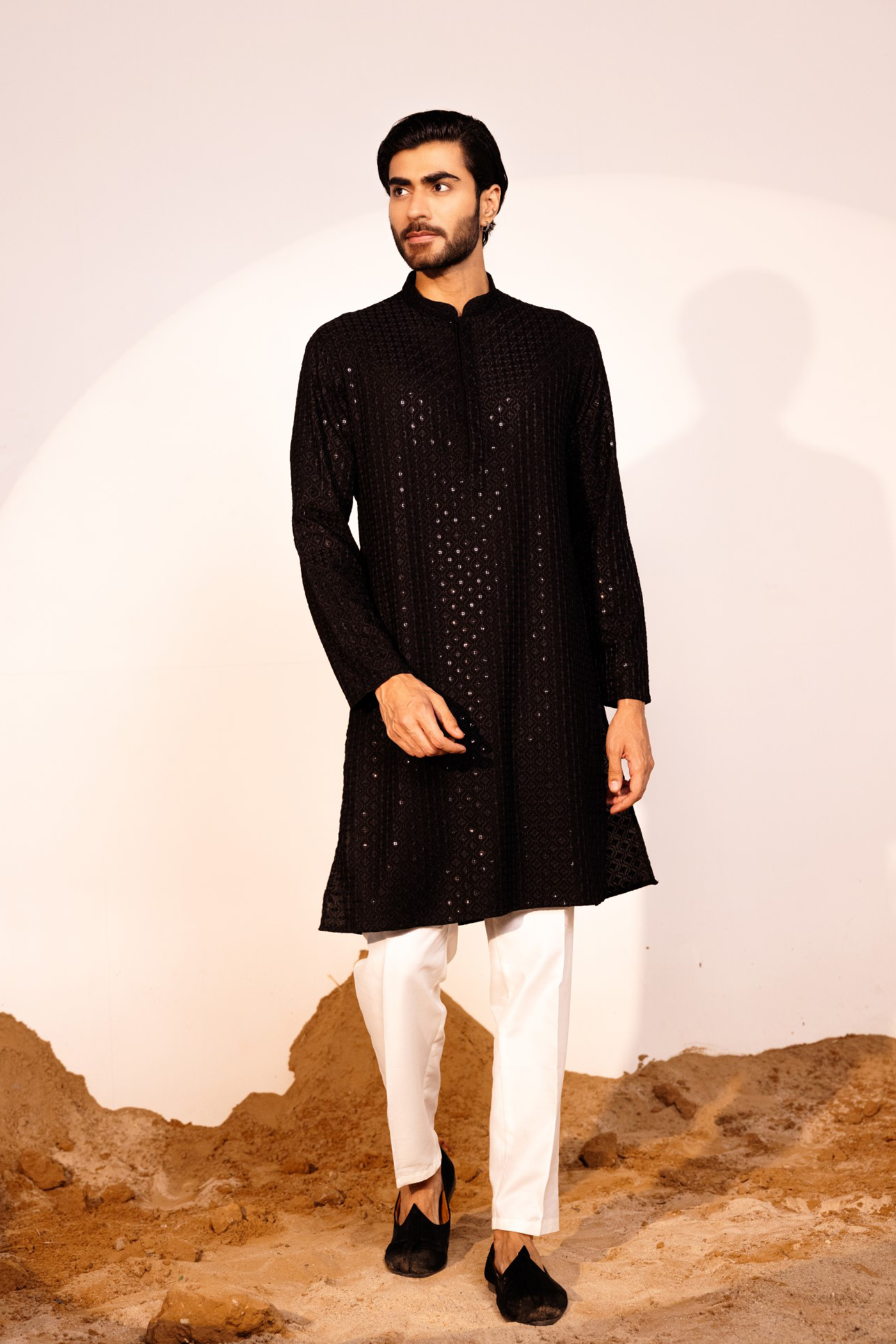 Buy Black Color Embroidery Lakhnavi Style Kurta Pajama for Men