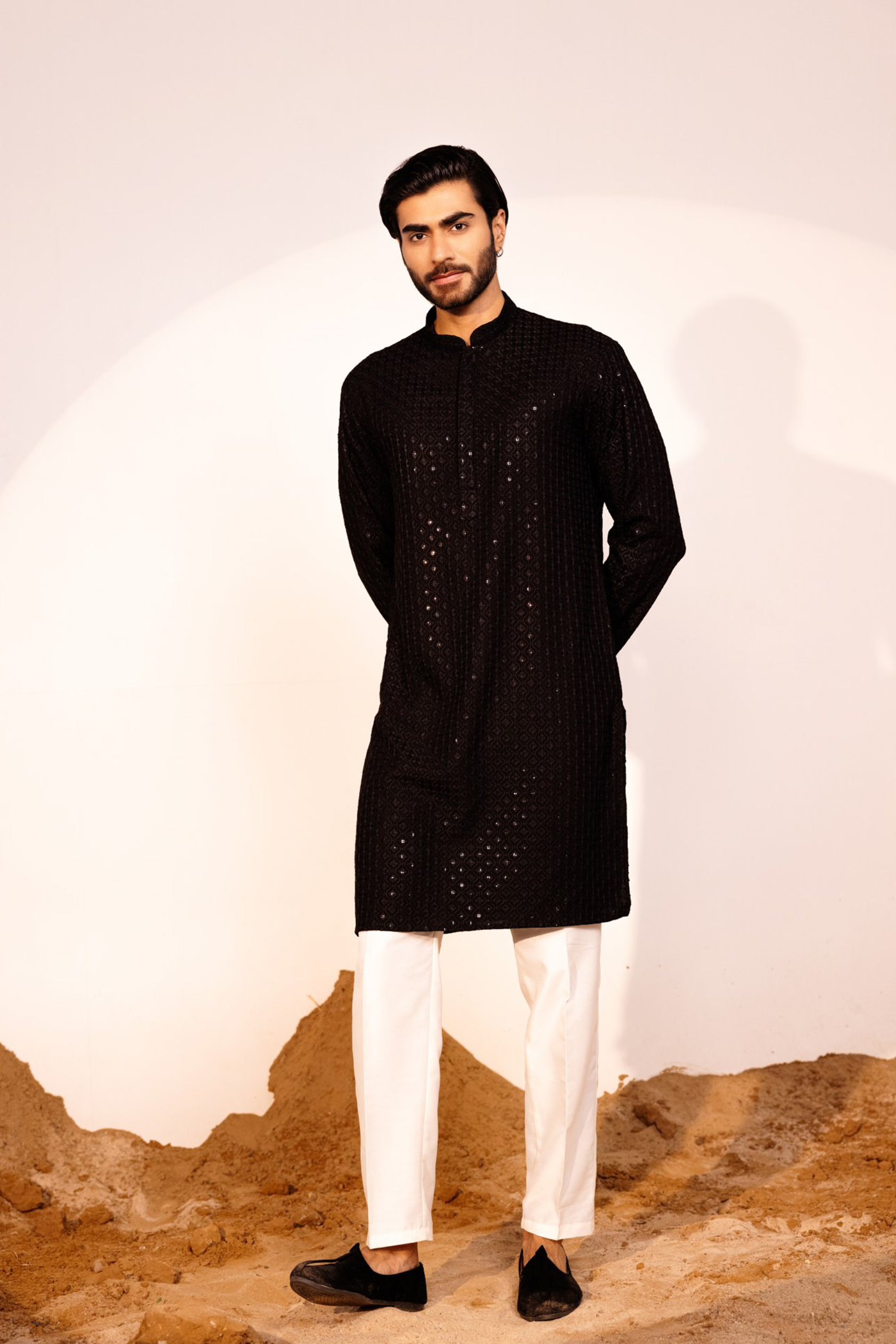 Black Color Embroidery Lakhnavi Style Kurta Pajama