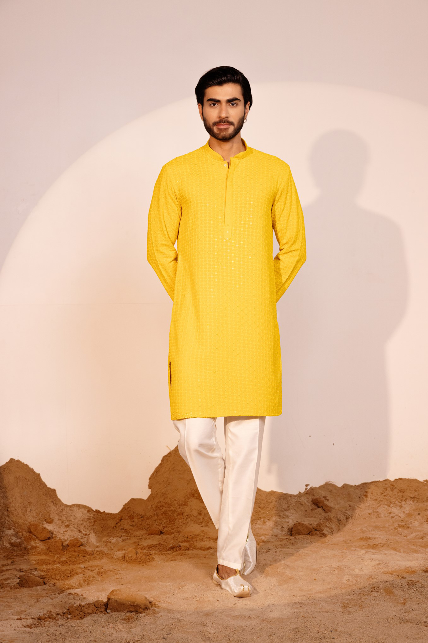 Buy Yellow Color Lakhnavi Style Kurta Pajama for Men 3999