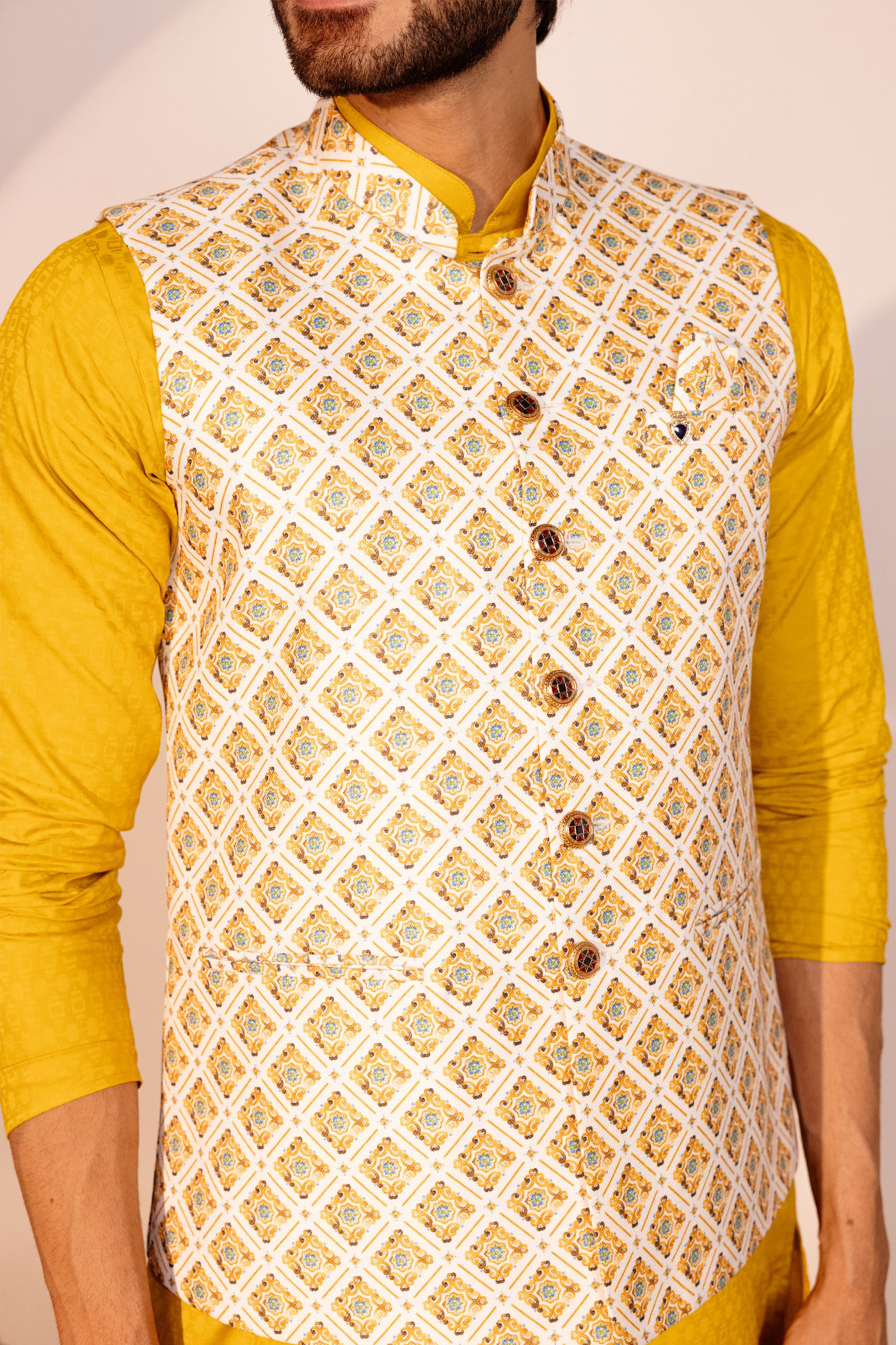 yellow kurta pajama with jacket