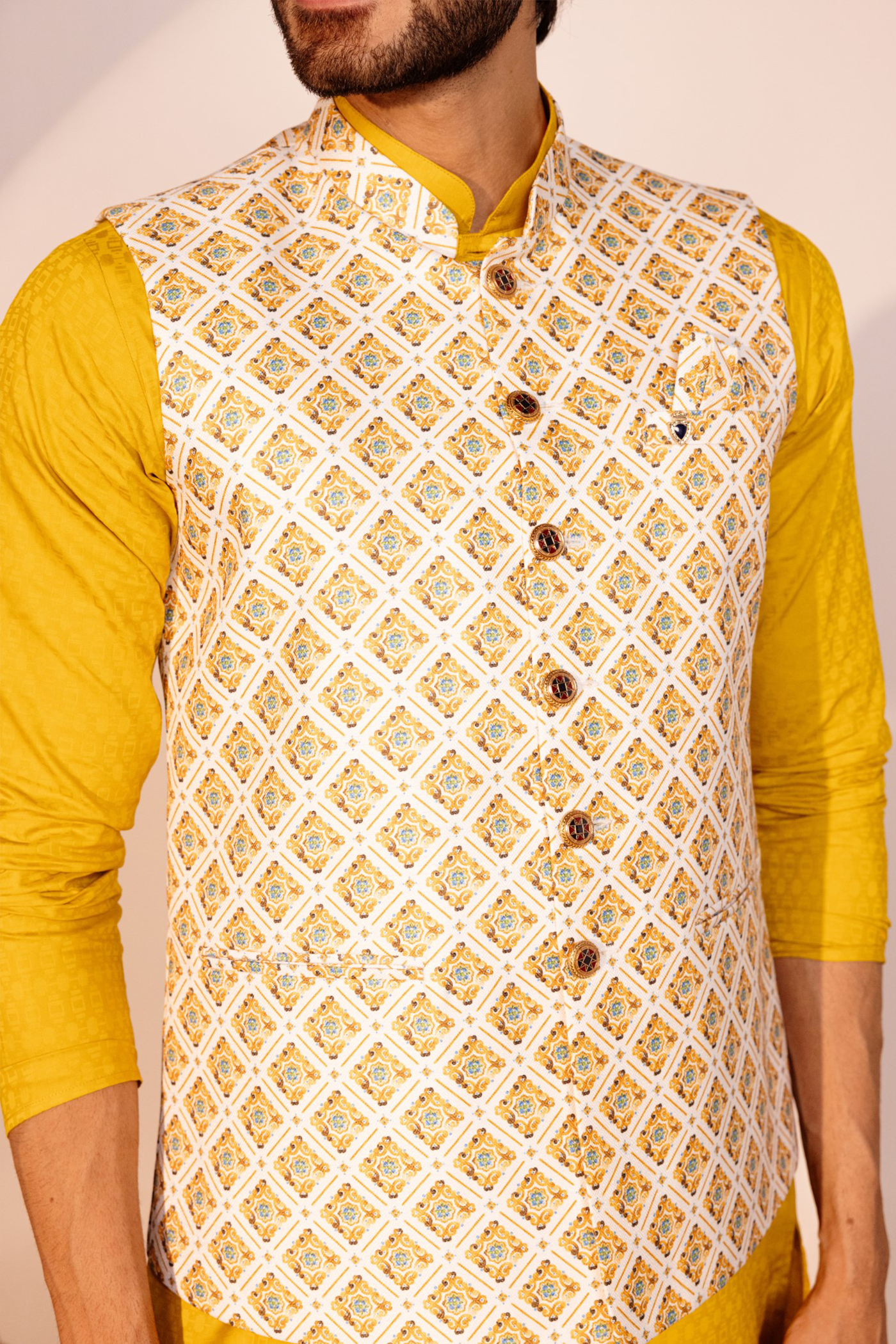 Mustard Color Print Waist Coat For Men