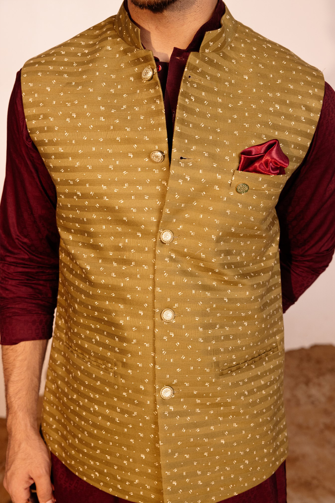 Green Color Print Jodhpuri Waist Coat