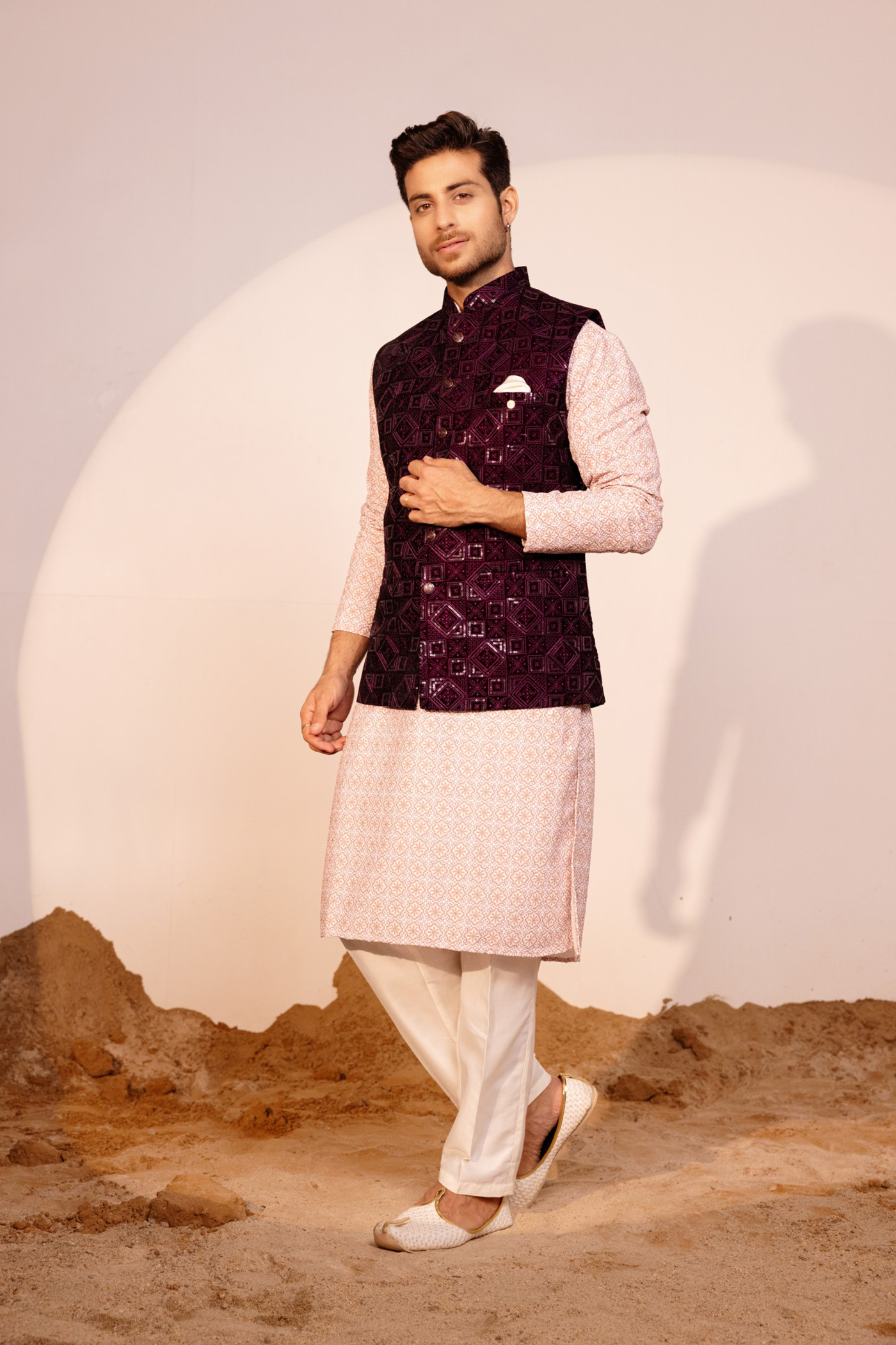 Purple Color Embroidery Velvet Waist Coat For Men