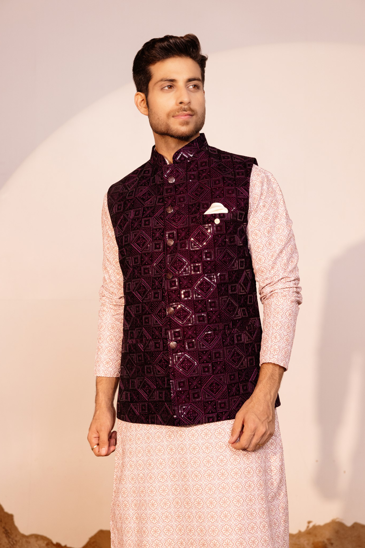 Purple Color Embroidery Velvet Waist Coat For Men