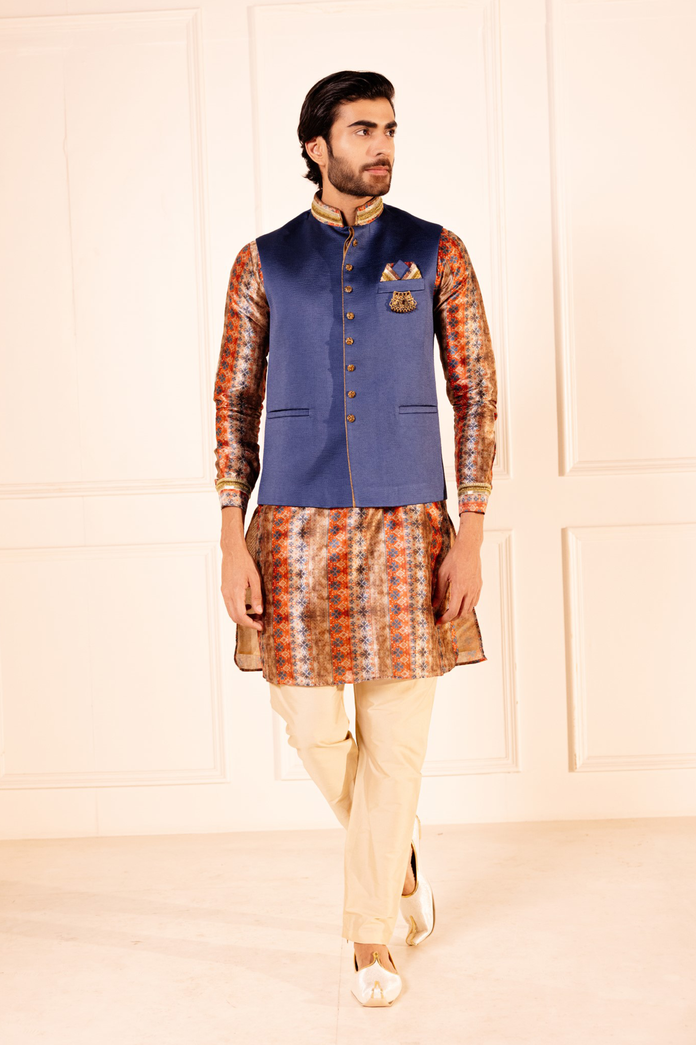 Golden Blue Plain Jodhpuri Jacket Kurta Set