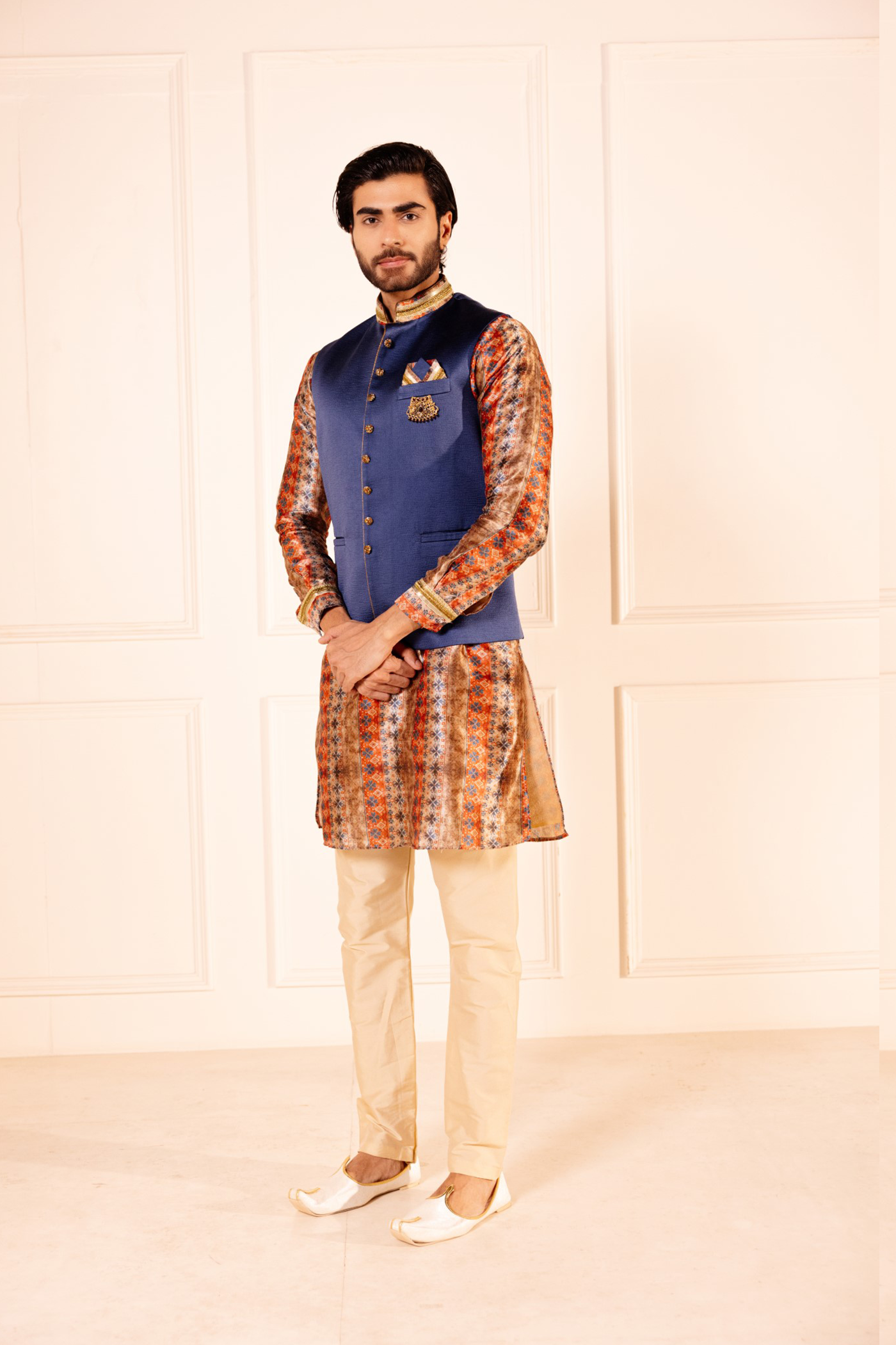 Golden Blue Plain Jodhpuri Jacket Kurta Set