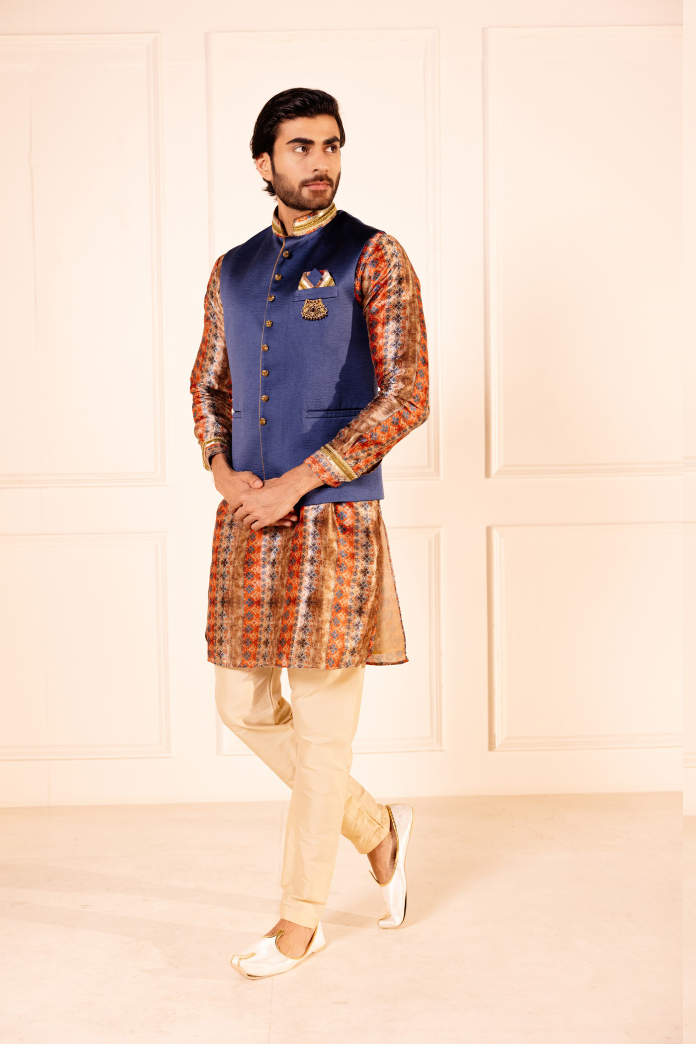 Golden Blue Plain Jodhpuri Jacket Kurta Set