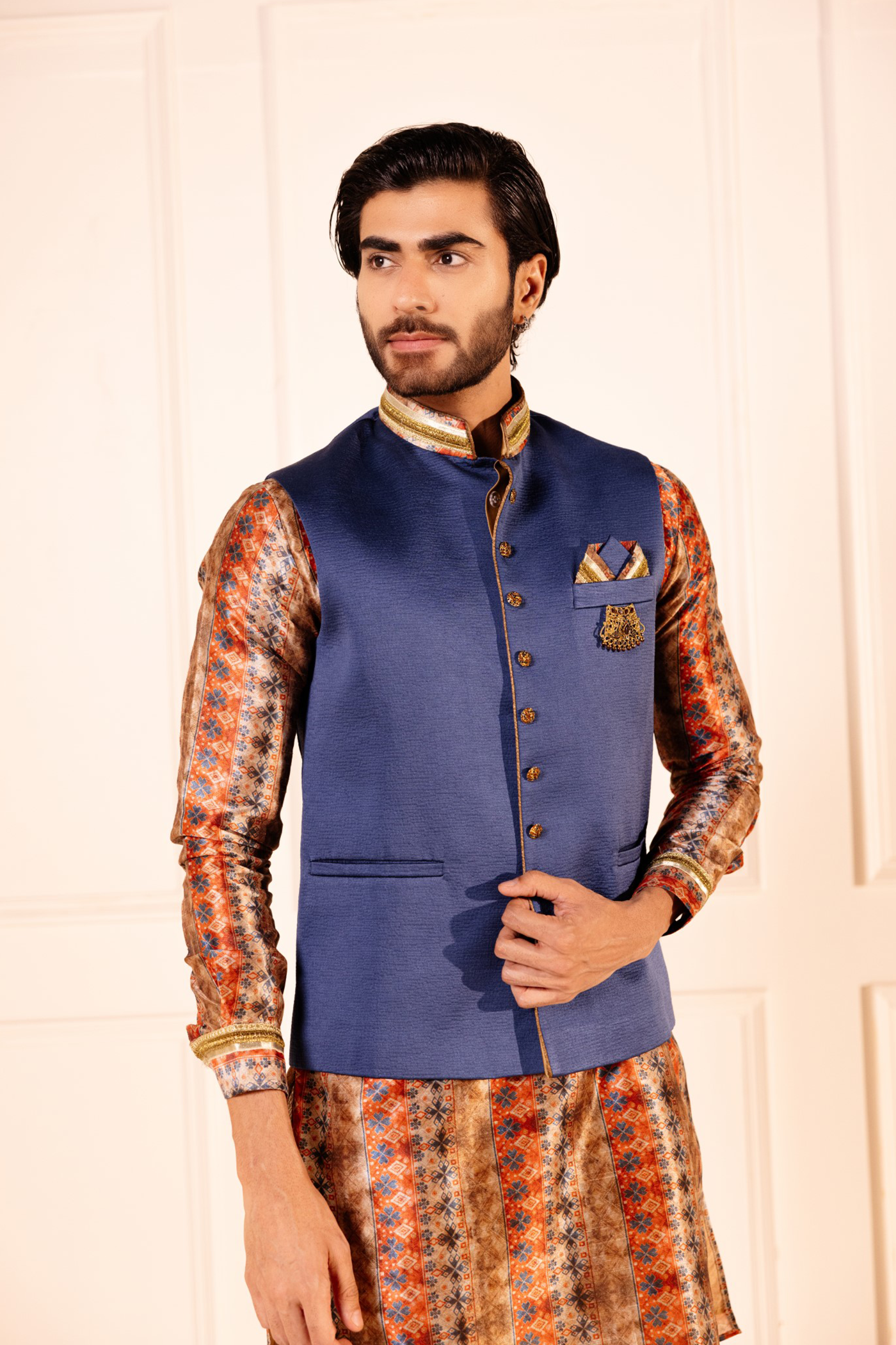 Golden Blue Plain Jodhpuri Jacket Kurta Set