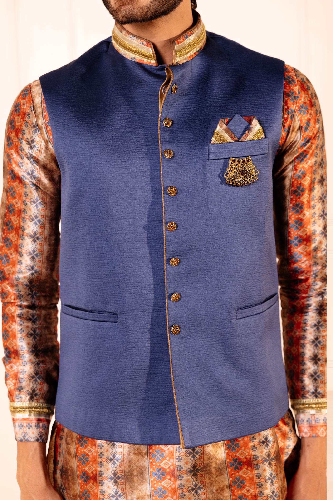 Golden Blue Plain Jodhpuri Jacket Kurta Set