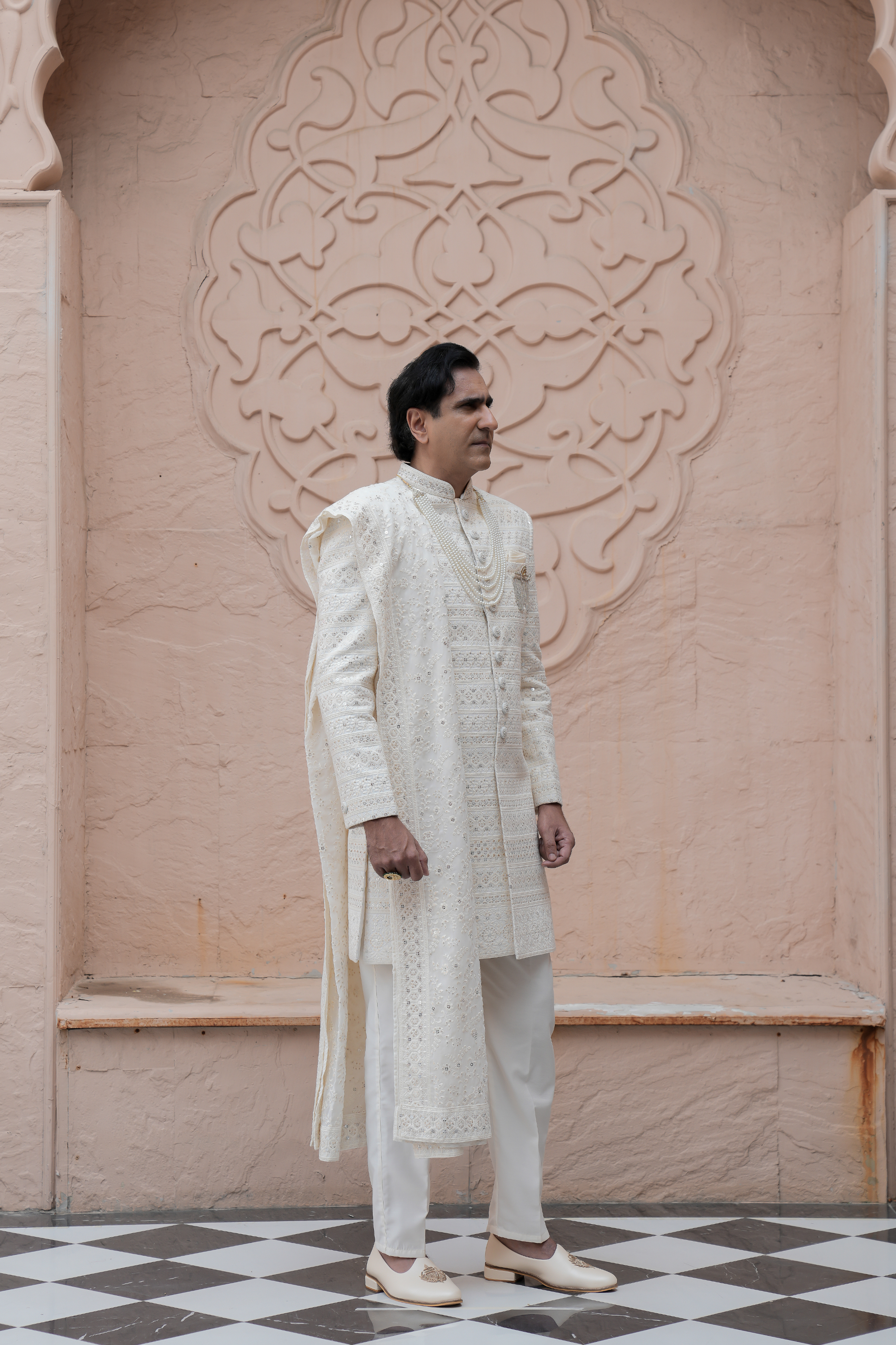 Cream Color Lakhnavi Indo Western Set for Men