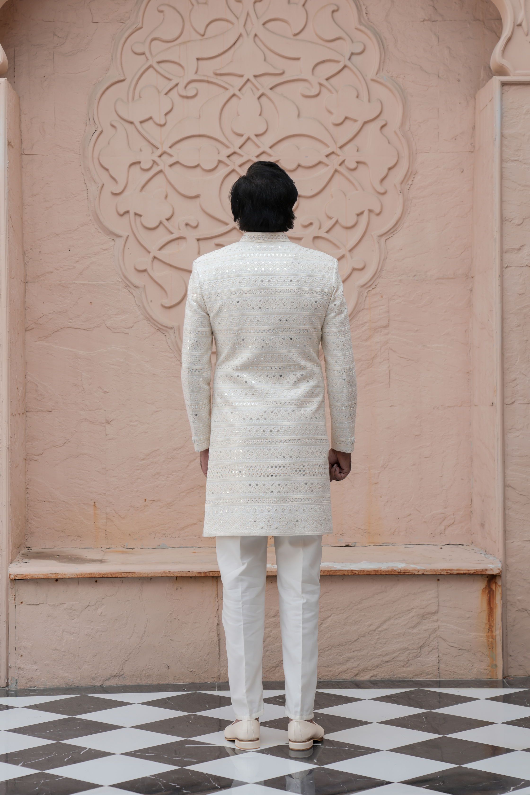 Cream Color Lakhnavi Indo Western Set for Men