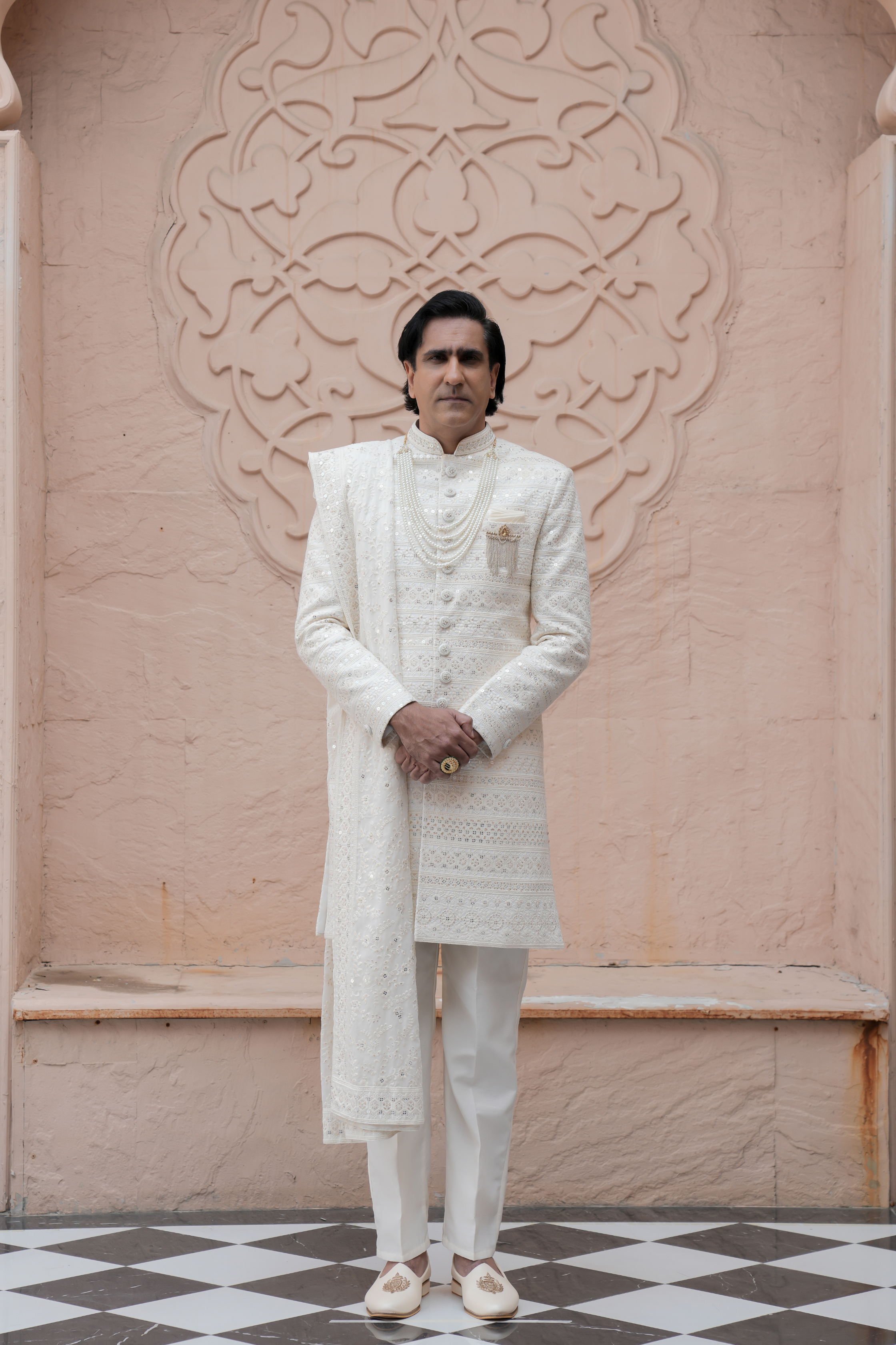 Cream Color Lakhnavi Indo Western Set for Men