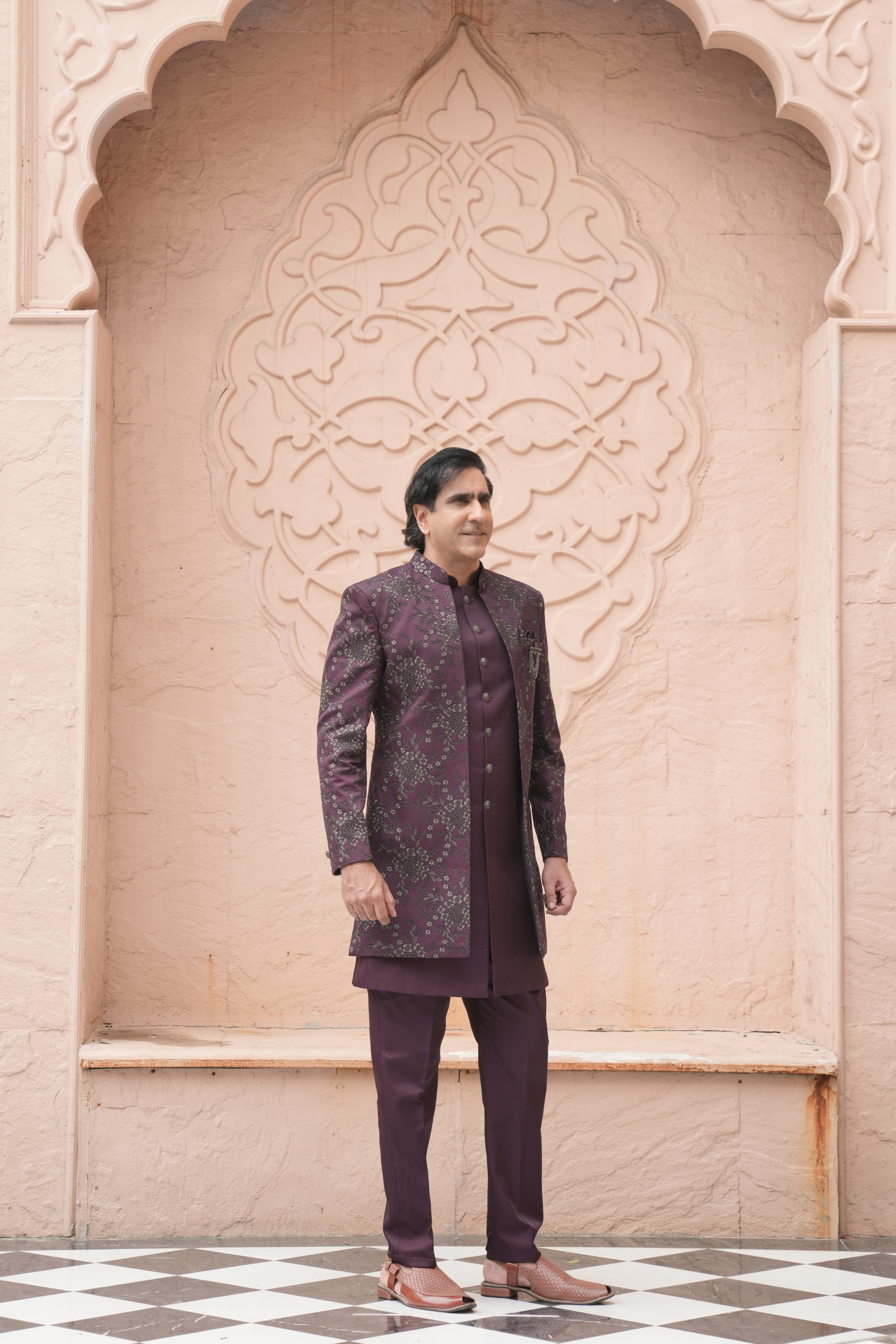 Wine Color Jodhpuri Indo Western Set for Men