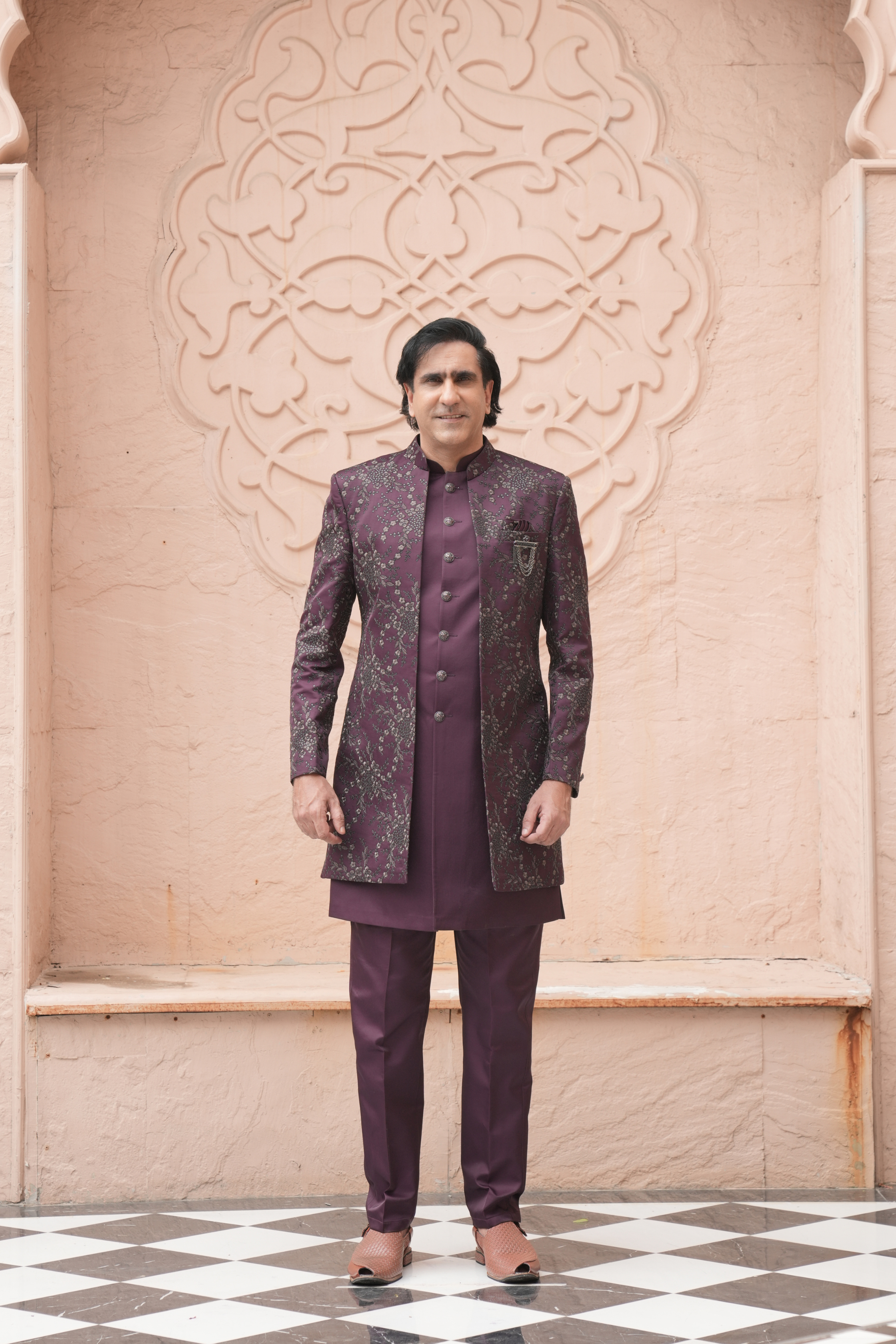 Wine Color Jodhpuri Indo Western Set for Men
