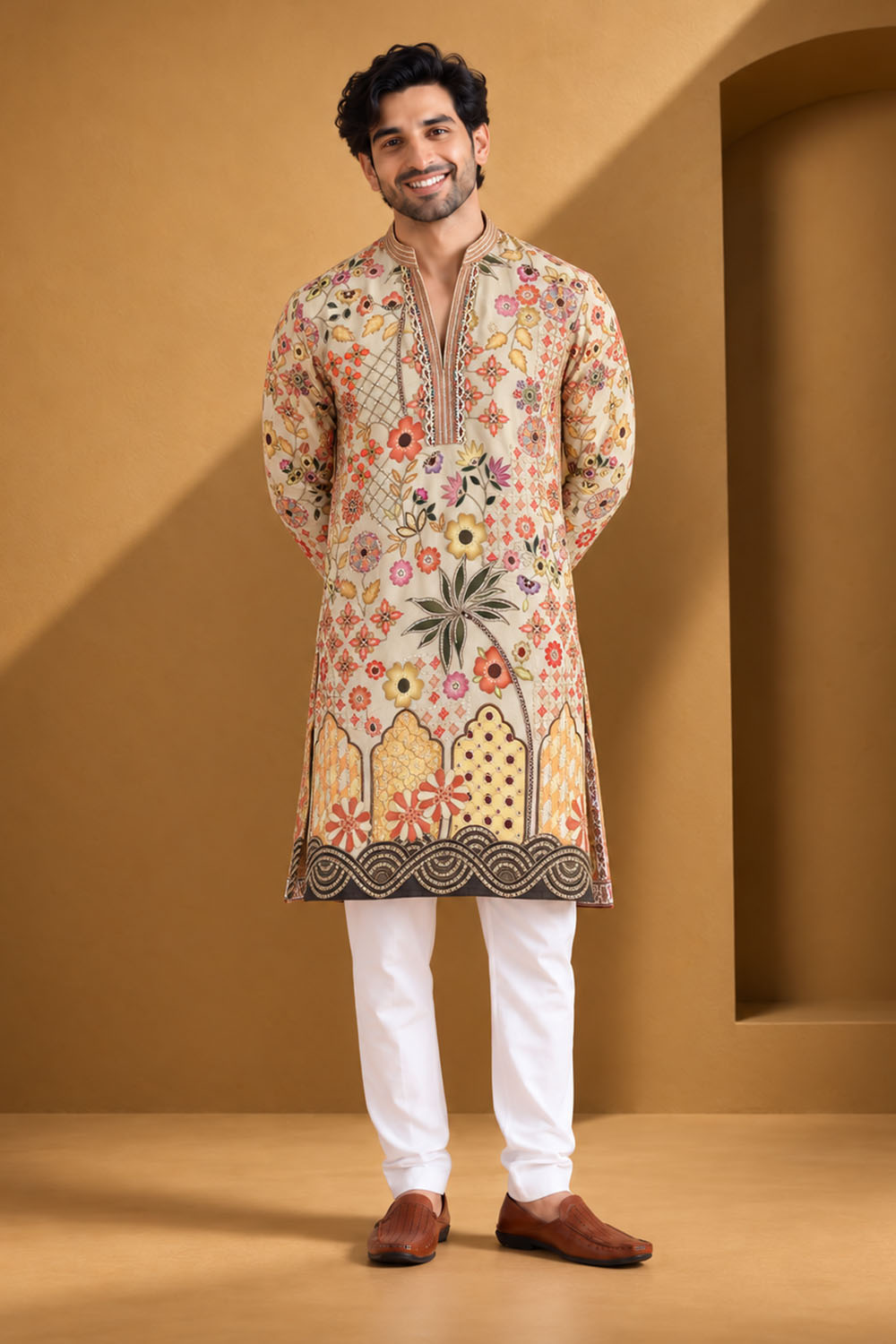Party Wear Kurta Pajama Cream Multi Color Parallel Pant Style