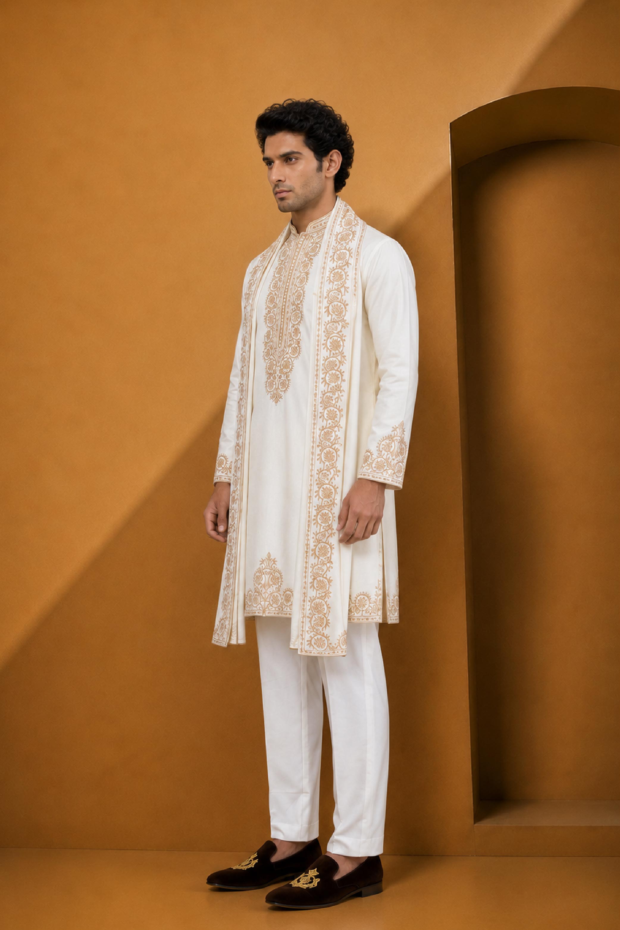 Cream Polynosic Embroidered Kurta Pajama Set with Dupatta