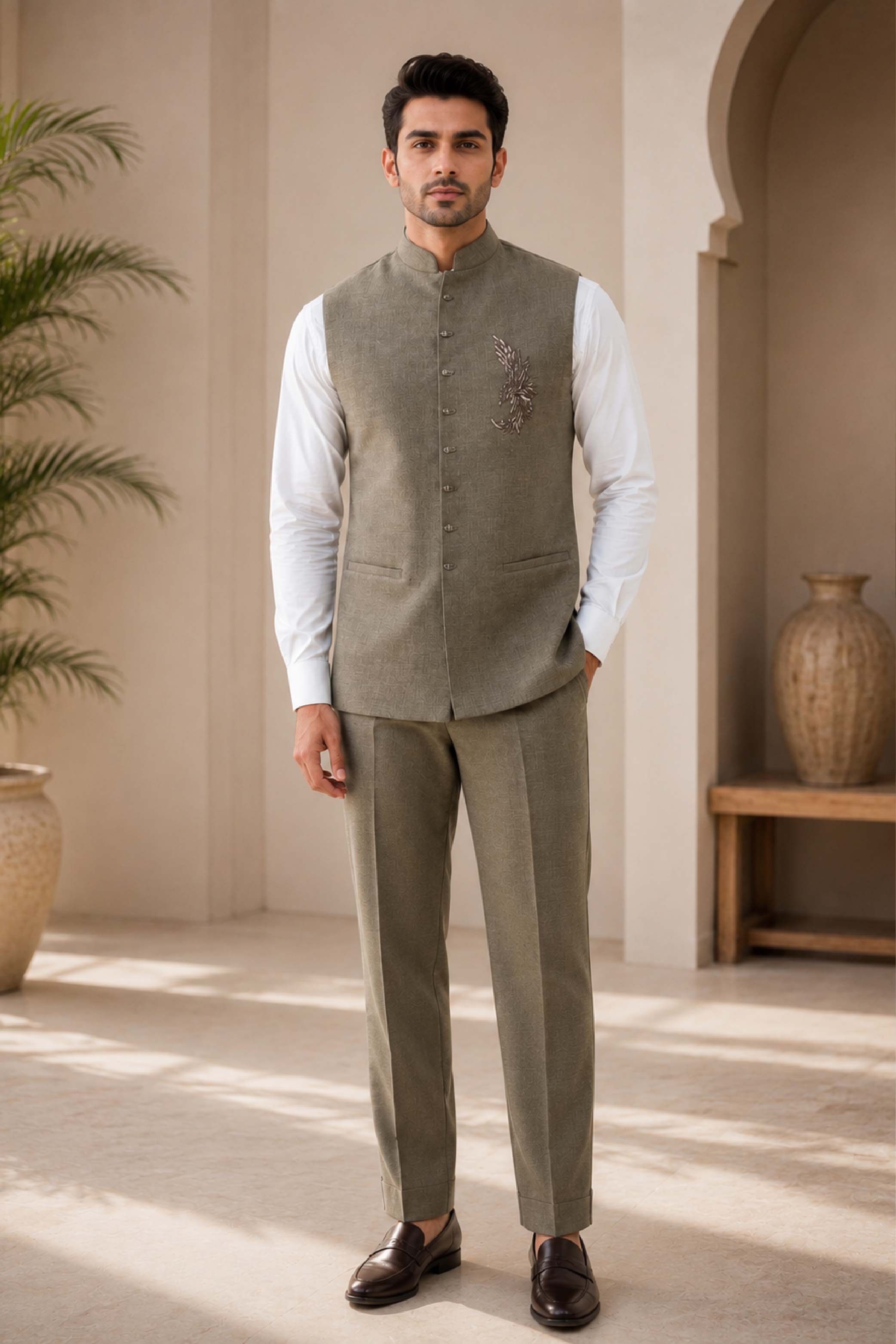 Mehandi Jute Linen Embroidery Jodhpuri Designer Summer Suit for Men
