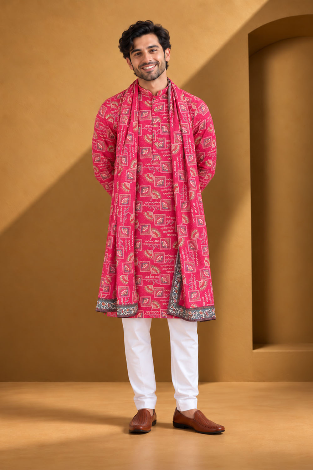 Party Wear Kurta Pajama in Rani Embroidery with Dupatta